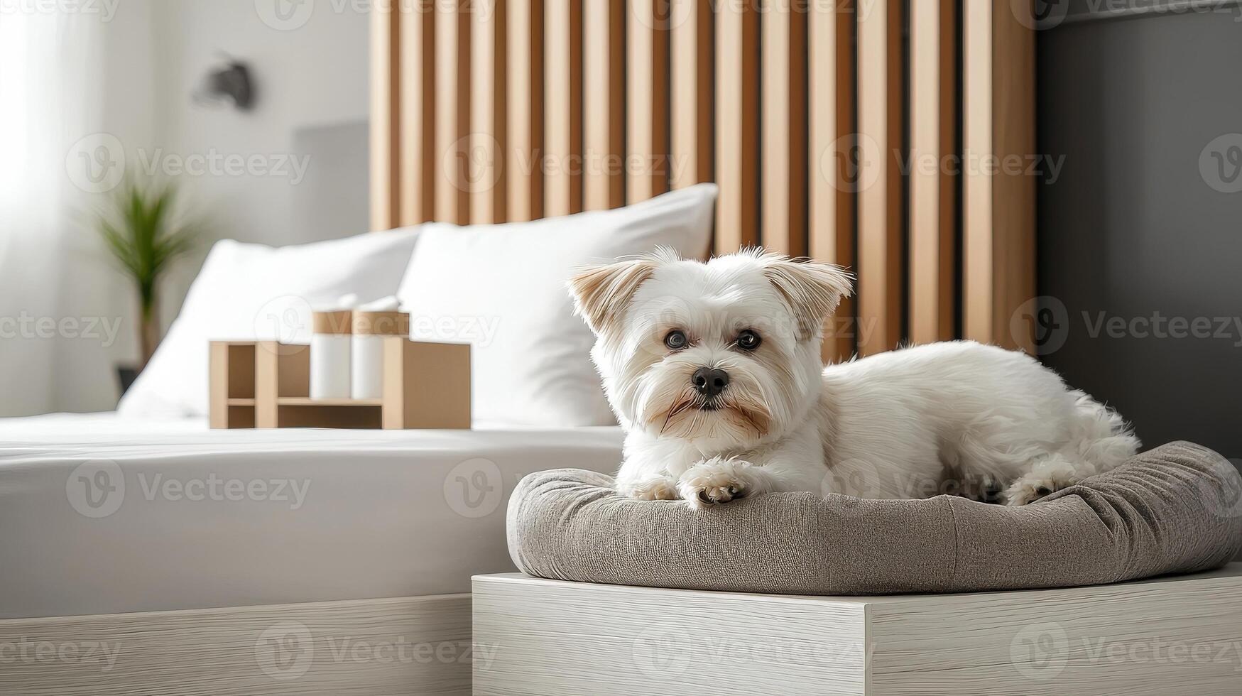 A small white dog sitting on a bed photo