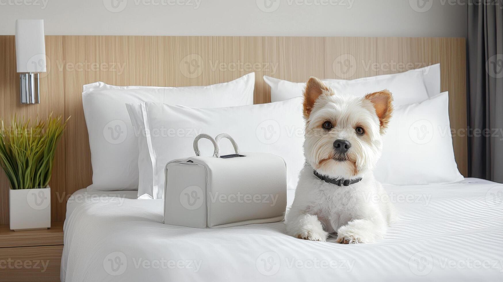 A small white dog sitting on a bed with a suitcase photo