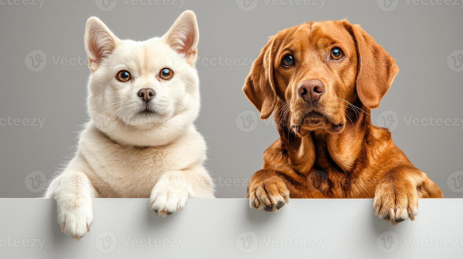 Two dogs looking over a white board photo