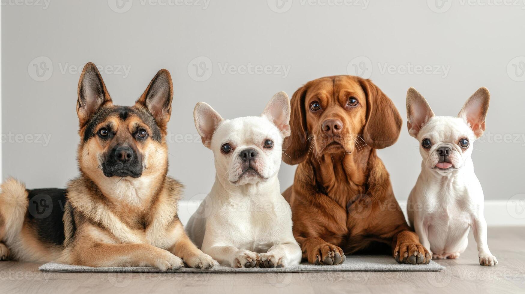 Four dogs sitting on a mat in front of a gray wall photo