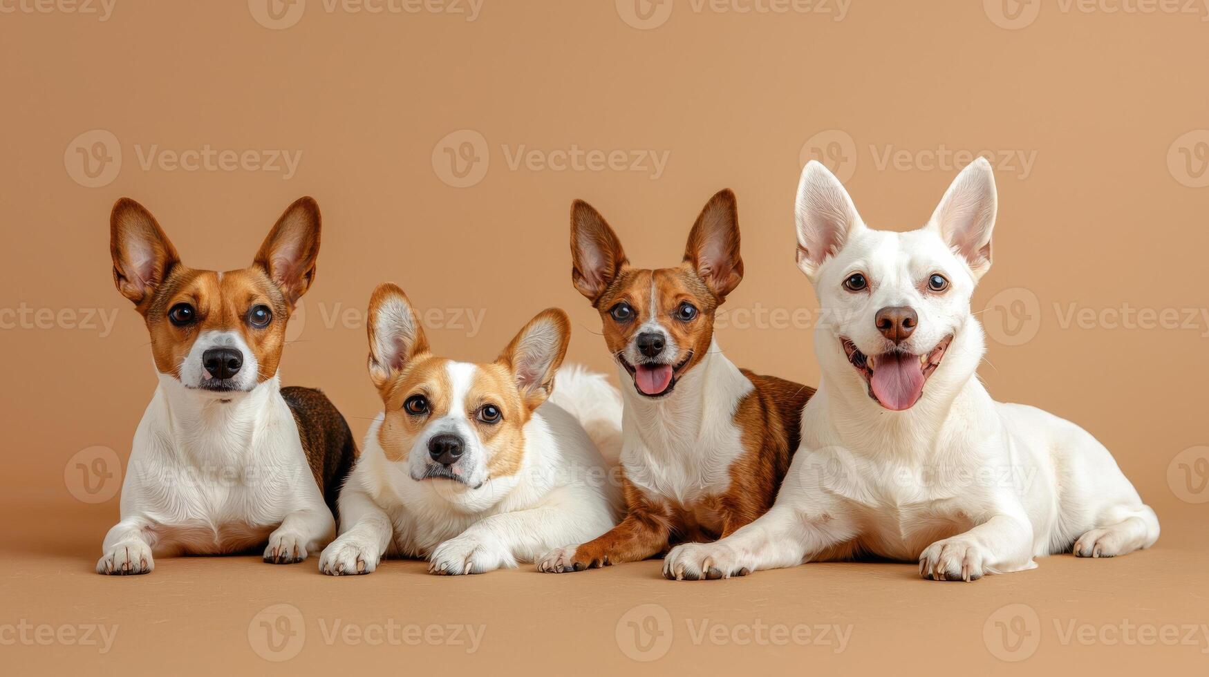 Four dogs sitting on a brown background photo