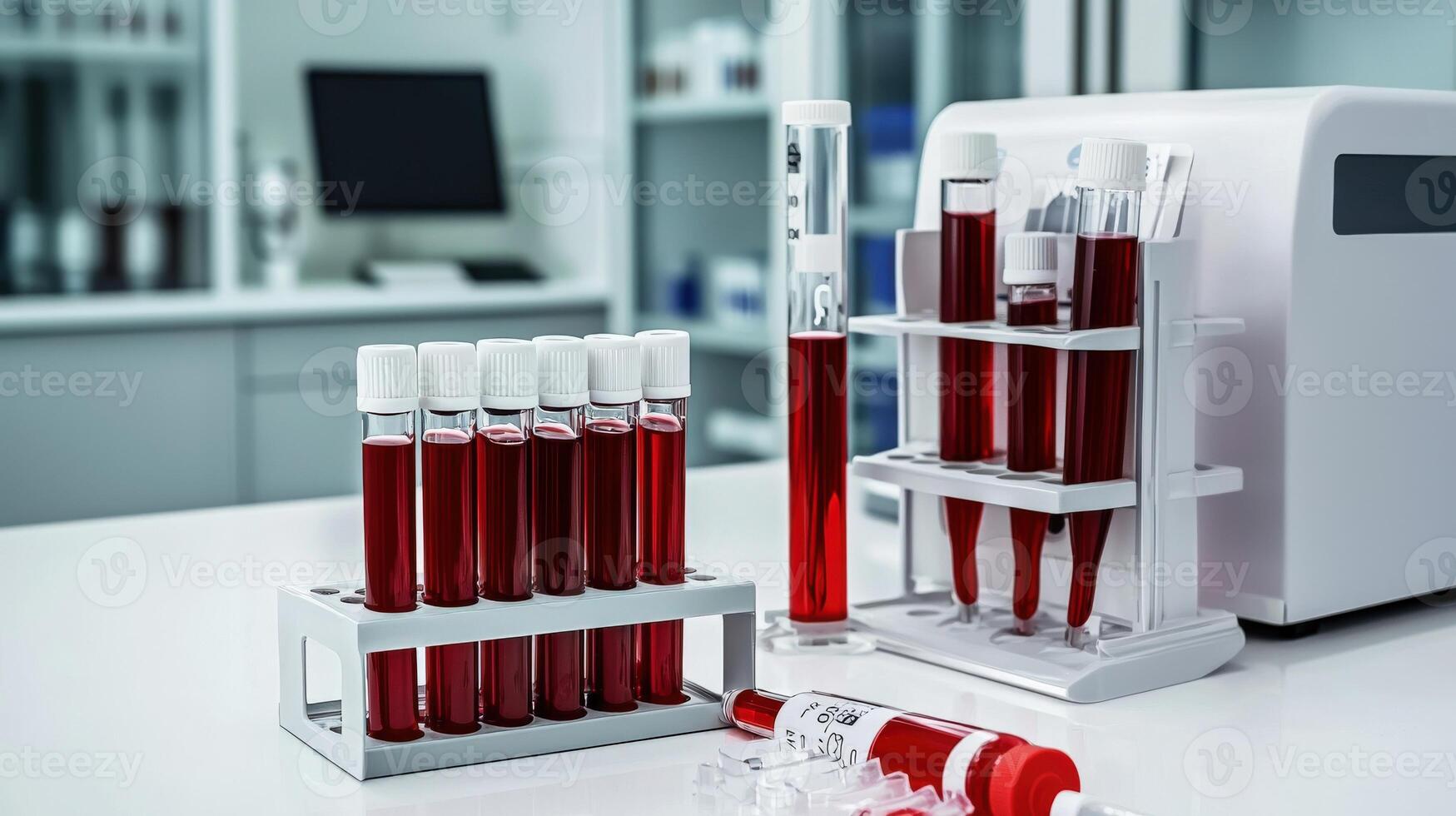 A laboratory with several tubes of blood photo