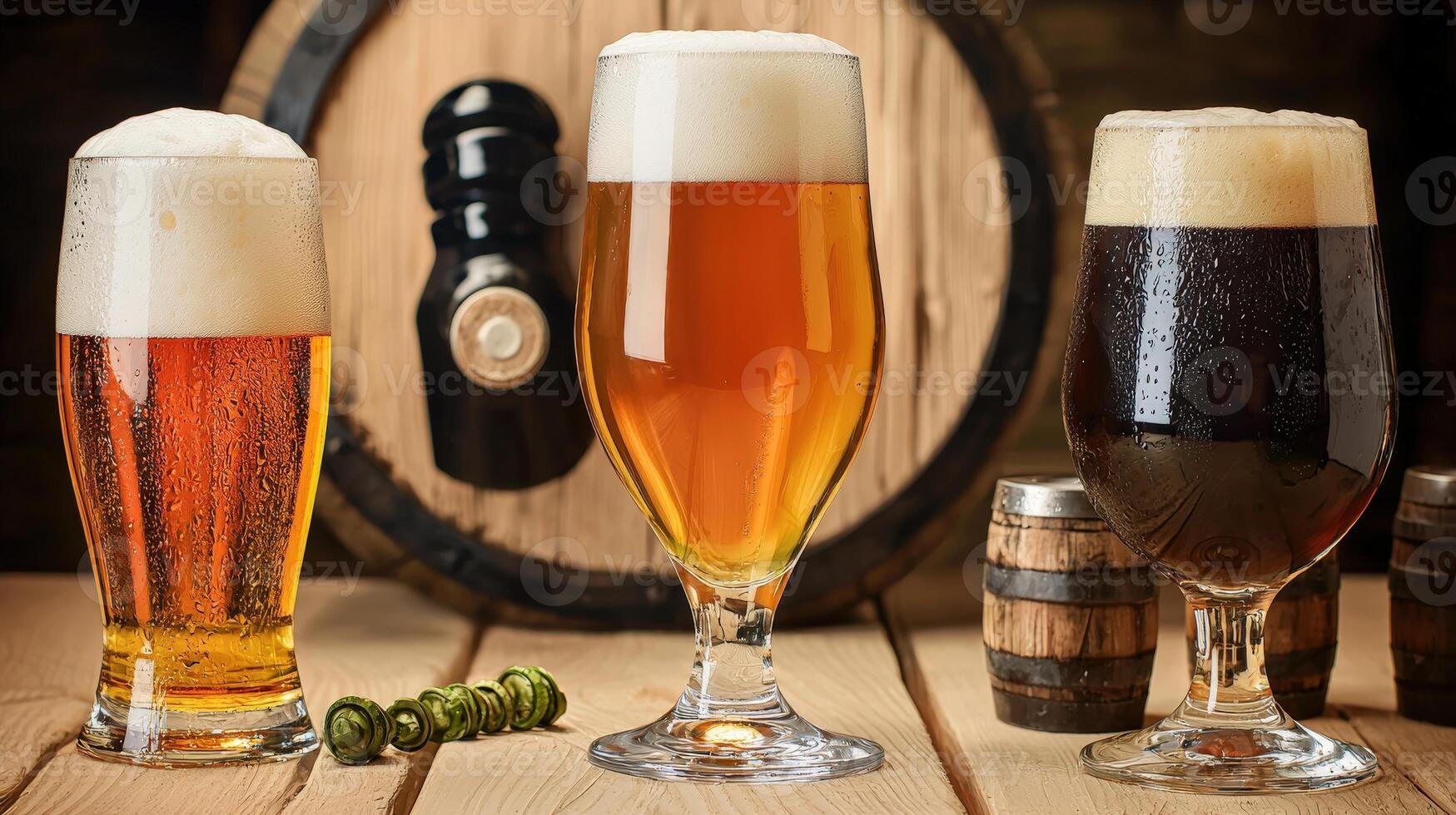 Three different types of beer are shown on a wooden table photo