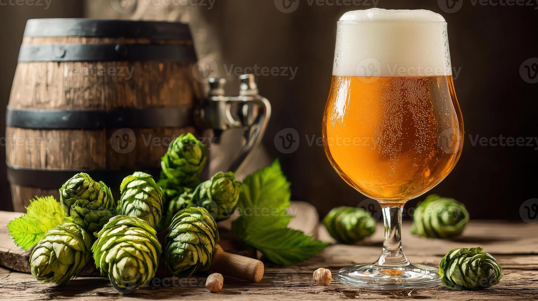 A glass of beer and some hops on a wooden table photo