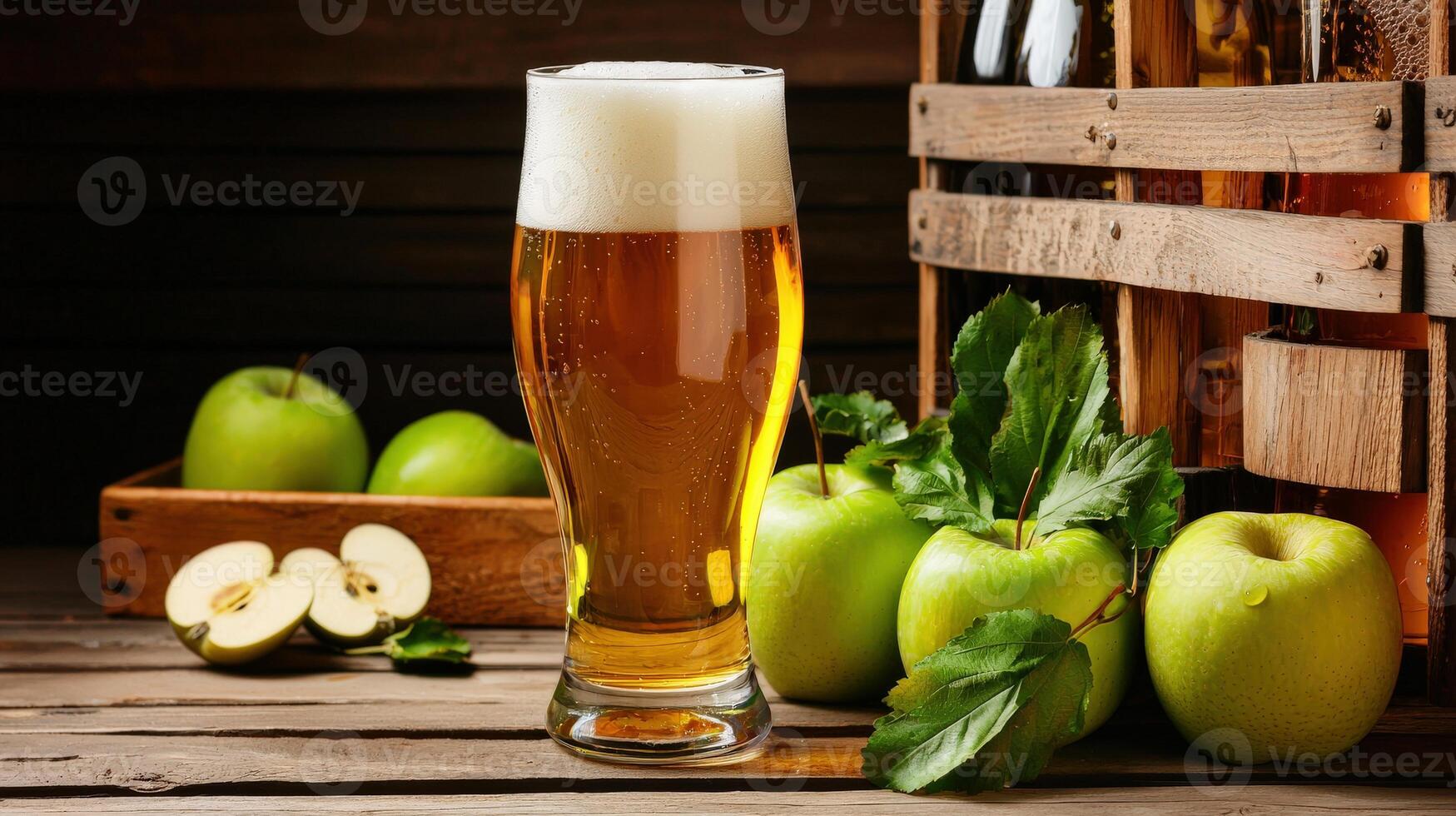 A glass of beer and apples on a wooden table photo