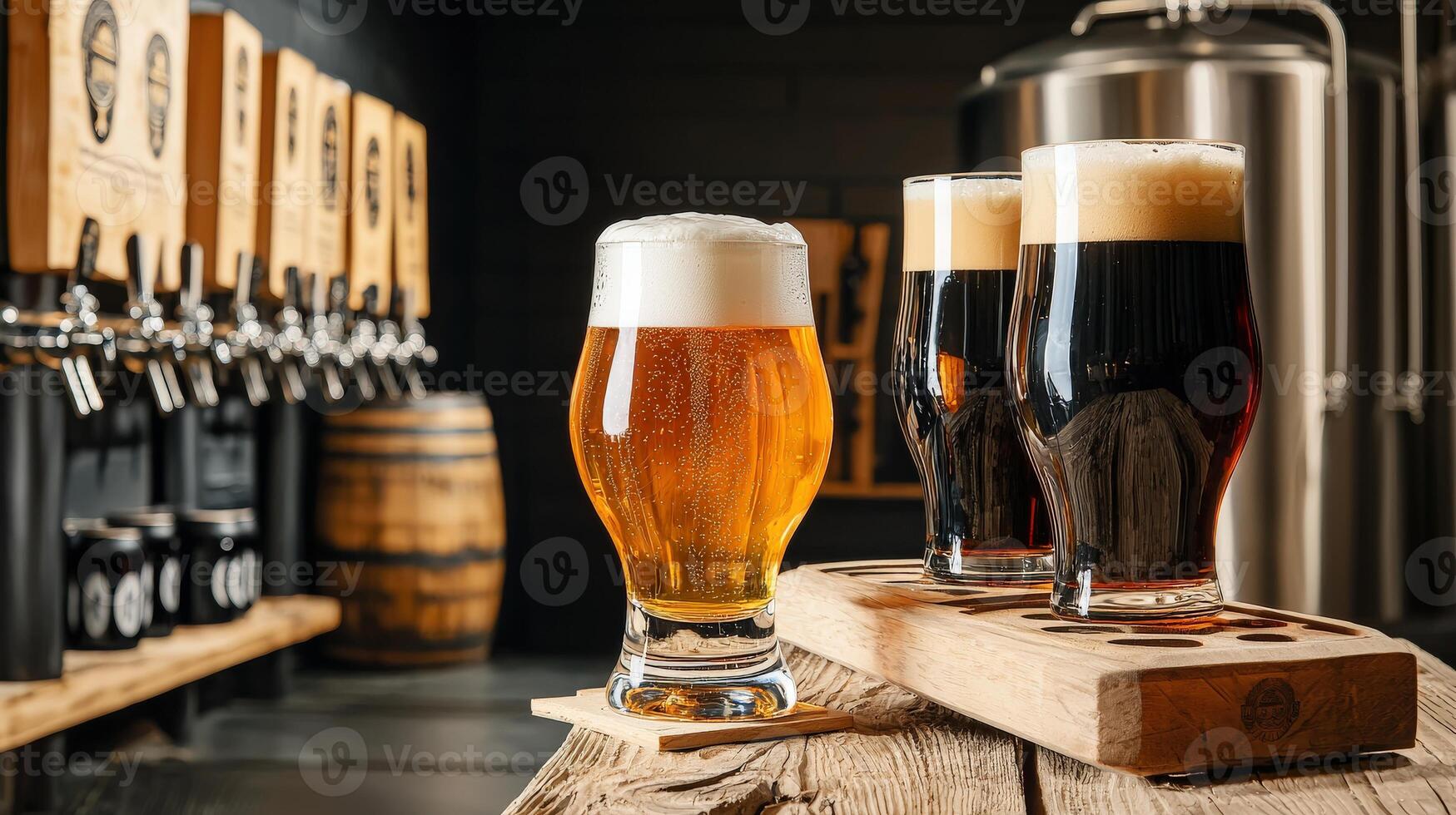 Three glasses of beer on a wooden table photo