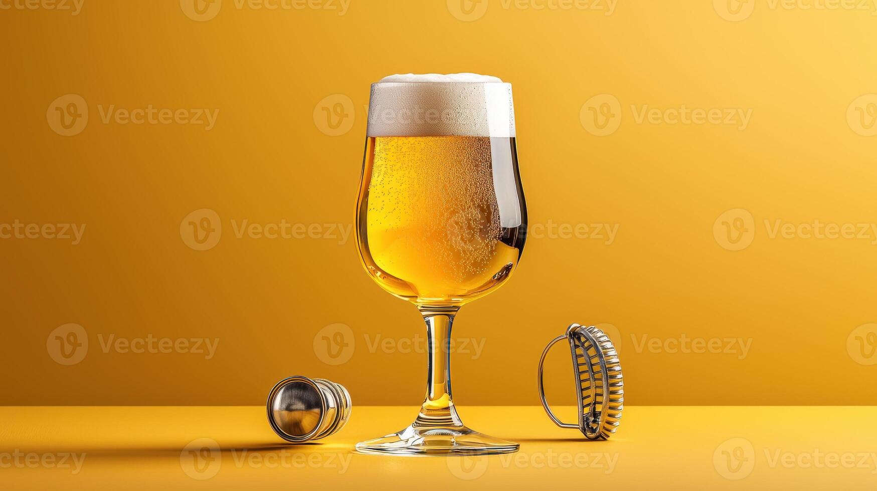 A glass of beer with a cap and a ring on a yellow background photo