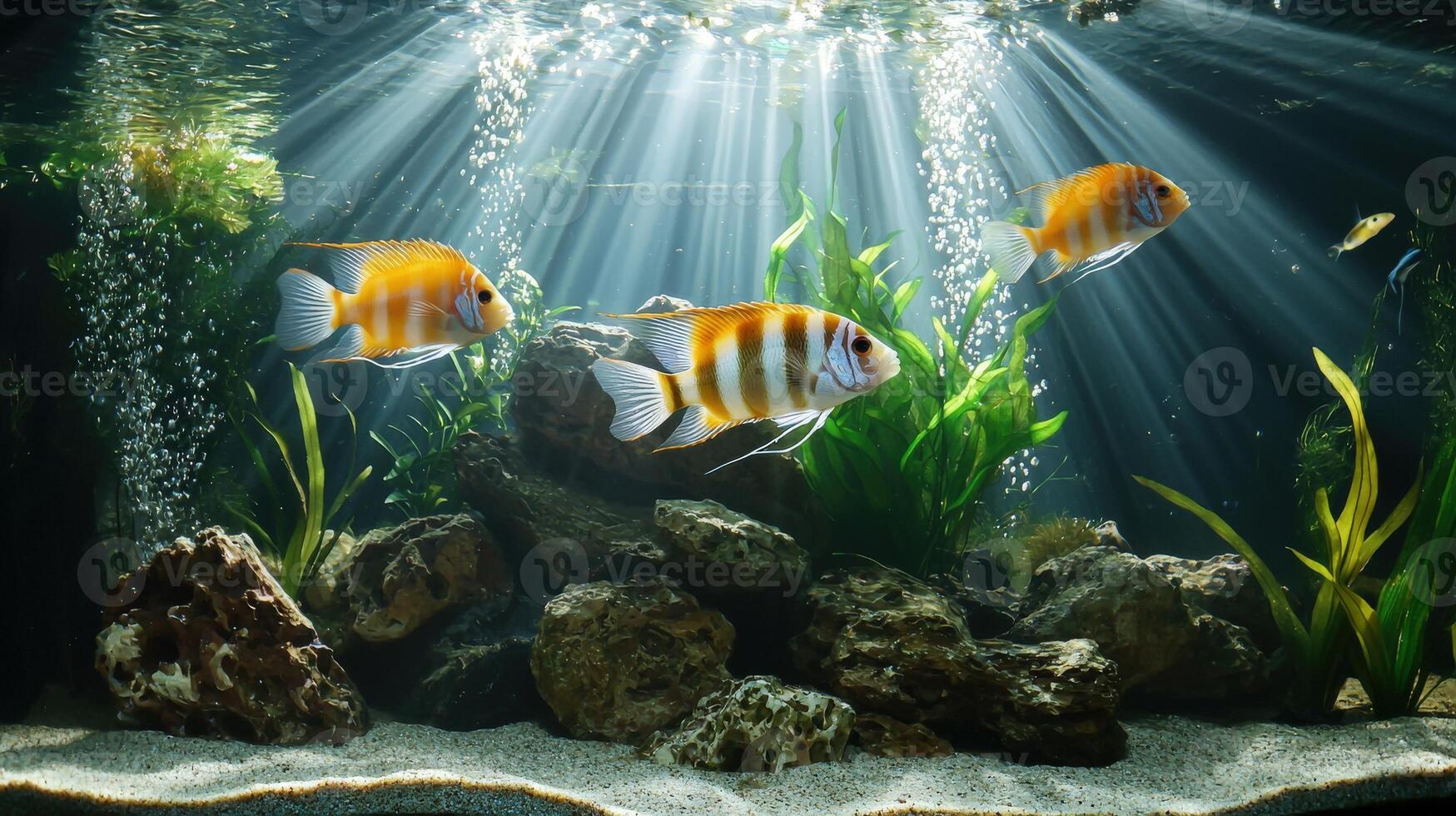 Fish in aquarium with sunlight and plants photo
