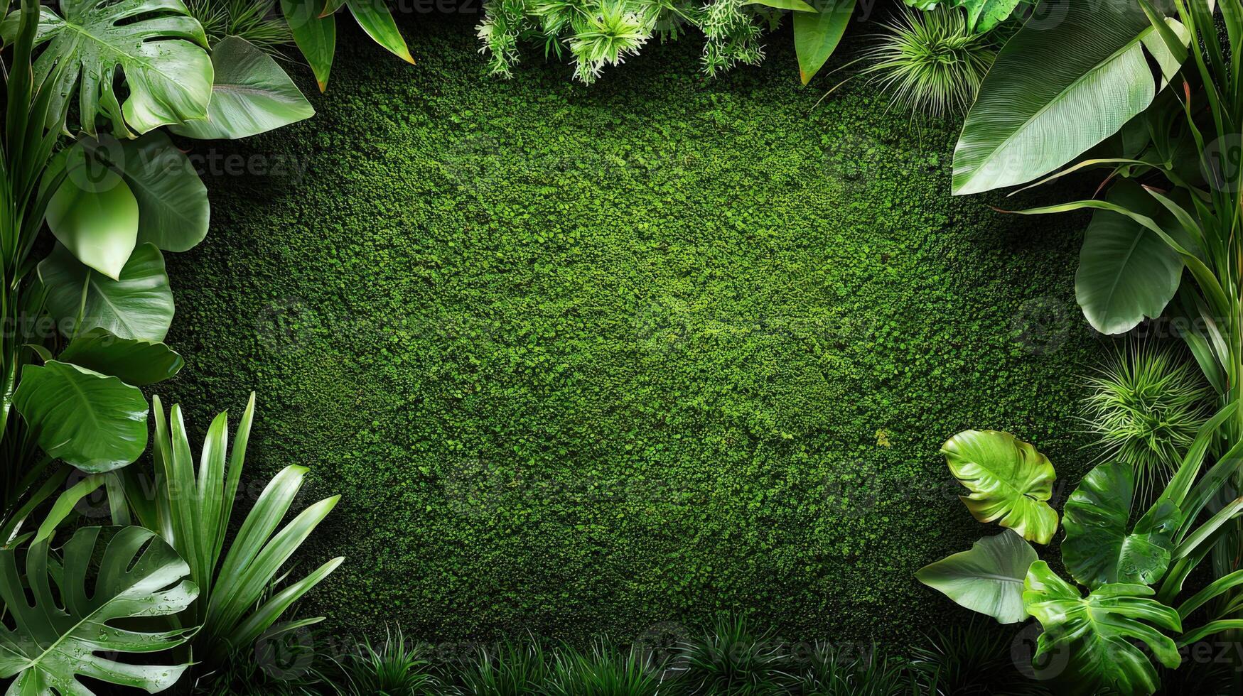 A green grassy area surrounded by tropical plants photo
