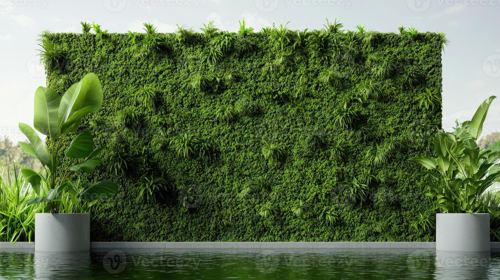 A green wall with plants in pots next to a pool photo