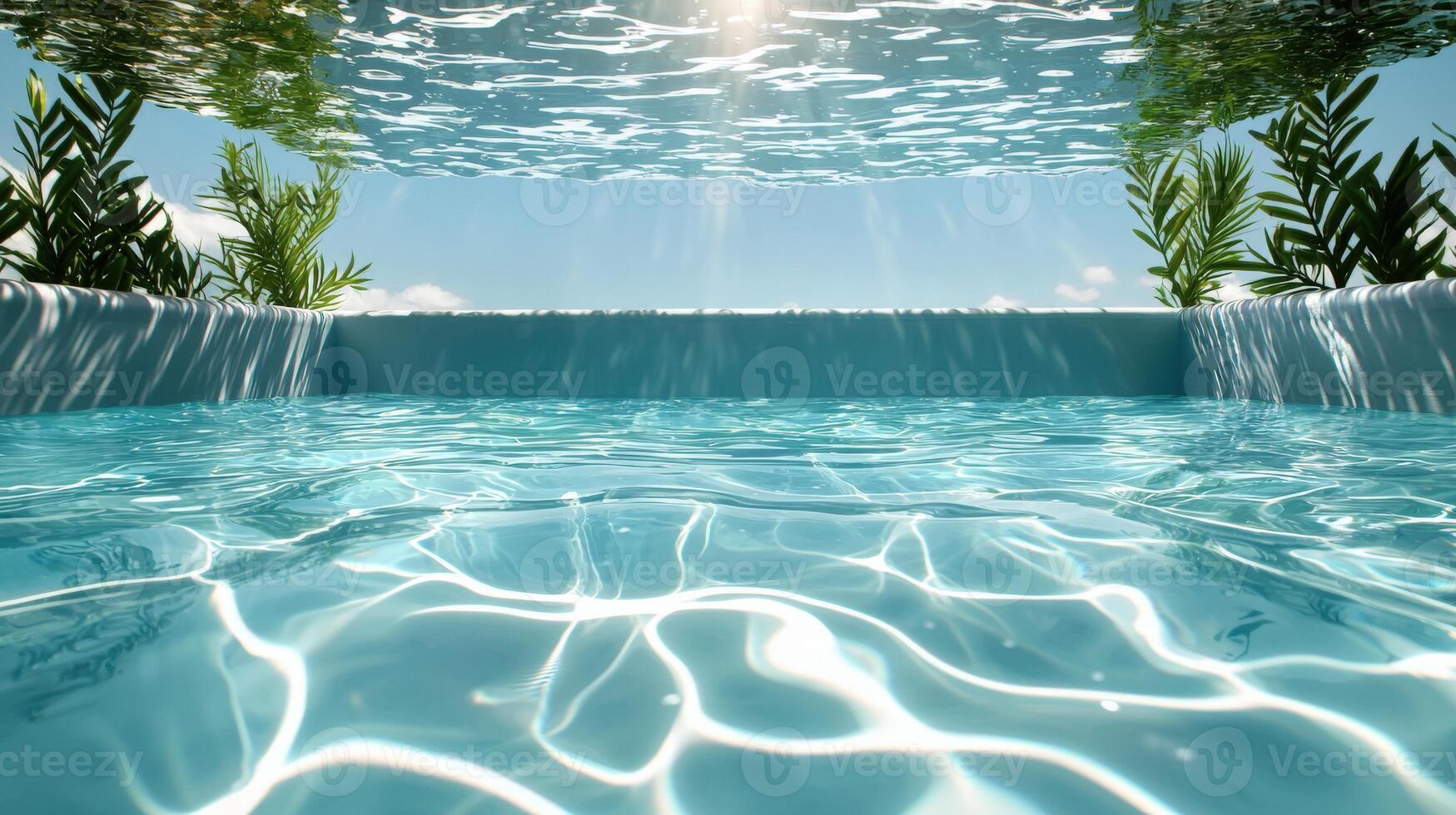 A pool with water and plants under the sun photo