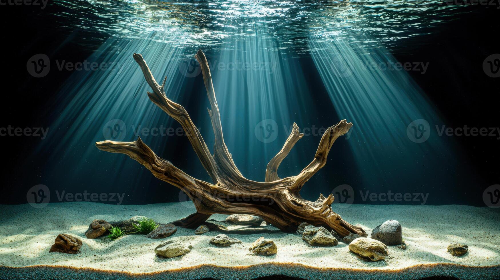 An underwater scene with a tree branch and rocks photo