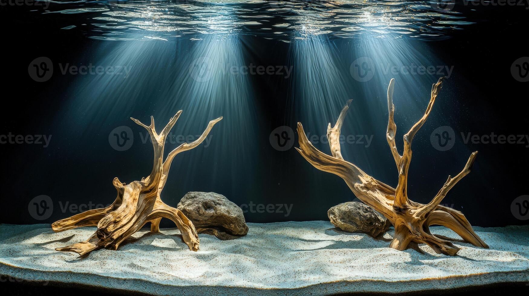 Two trees in an aquarium with sunlight shining through photo