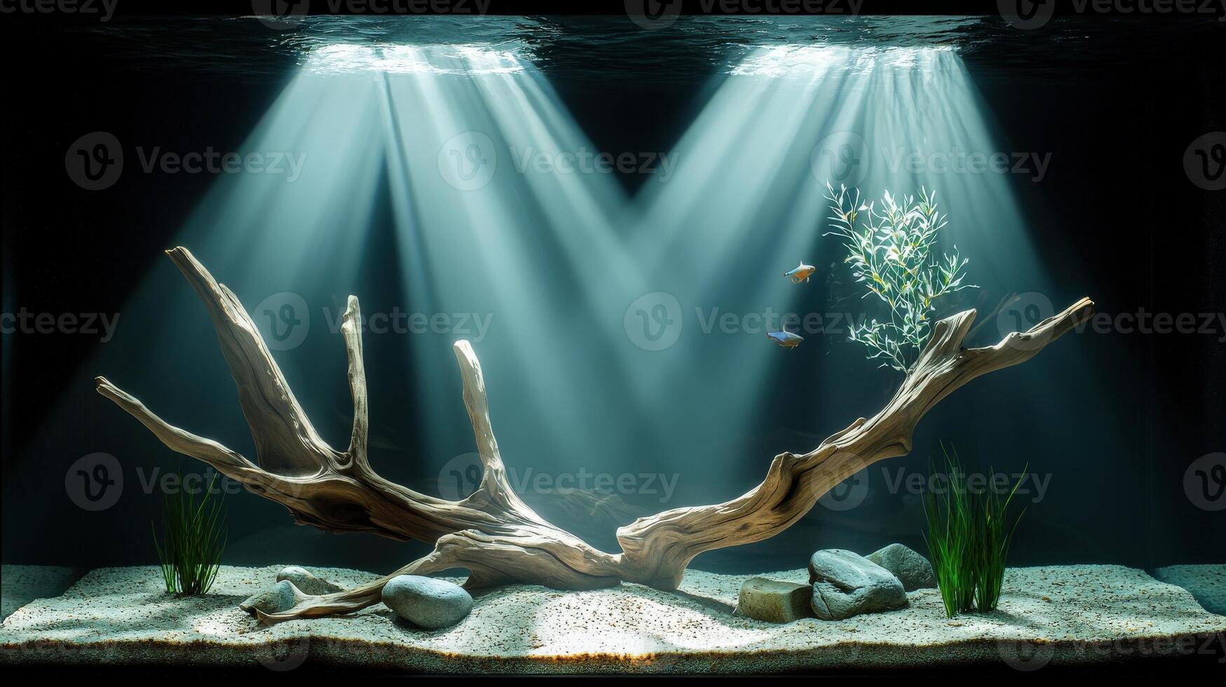 An aquarium with a tree branch and rocks photo
