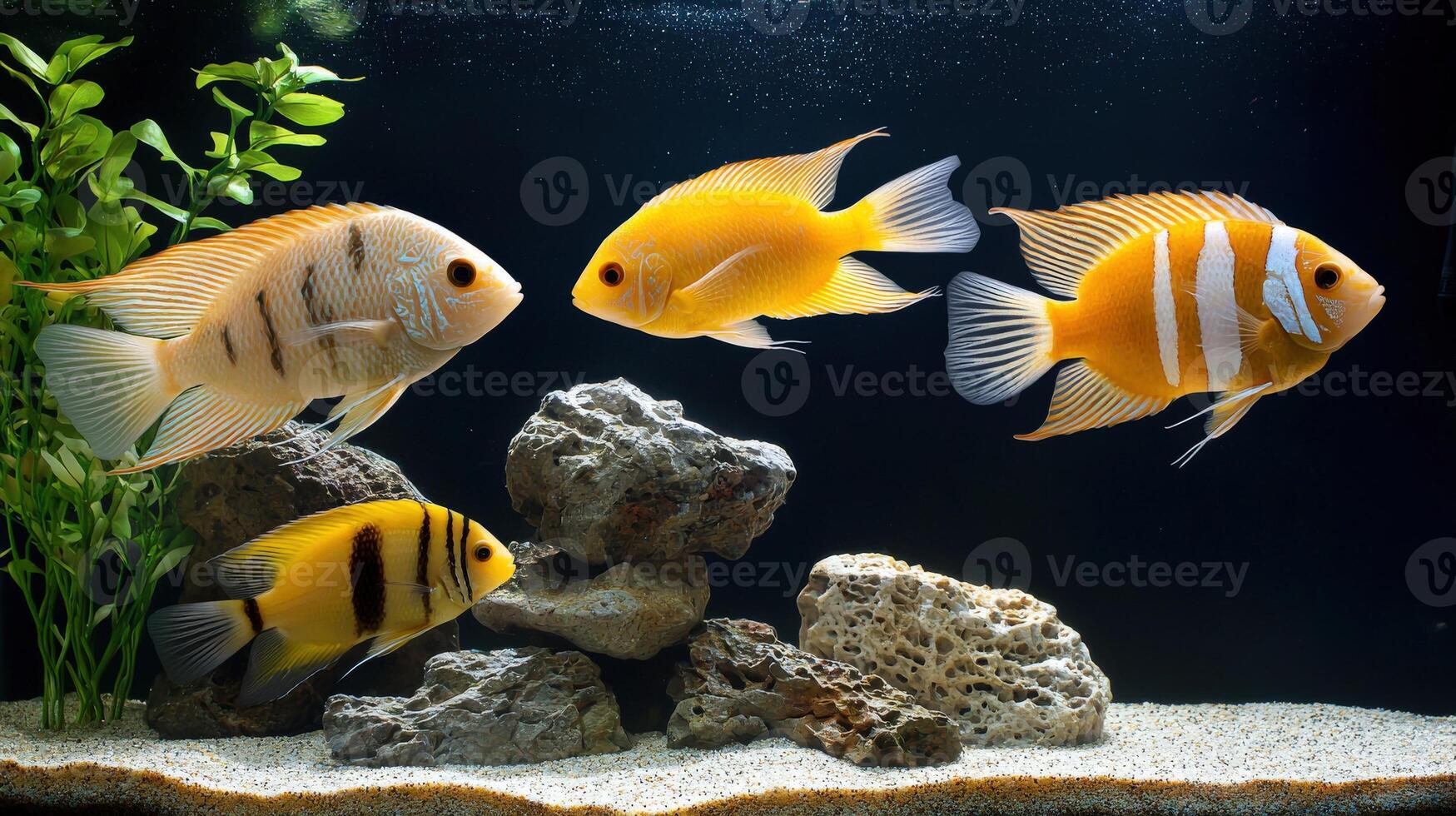 Three yellow and black fish in an aquarium photo
