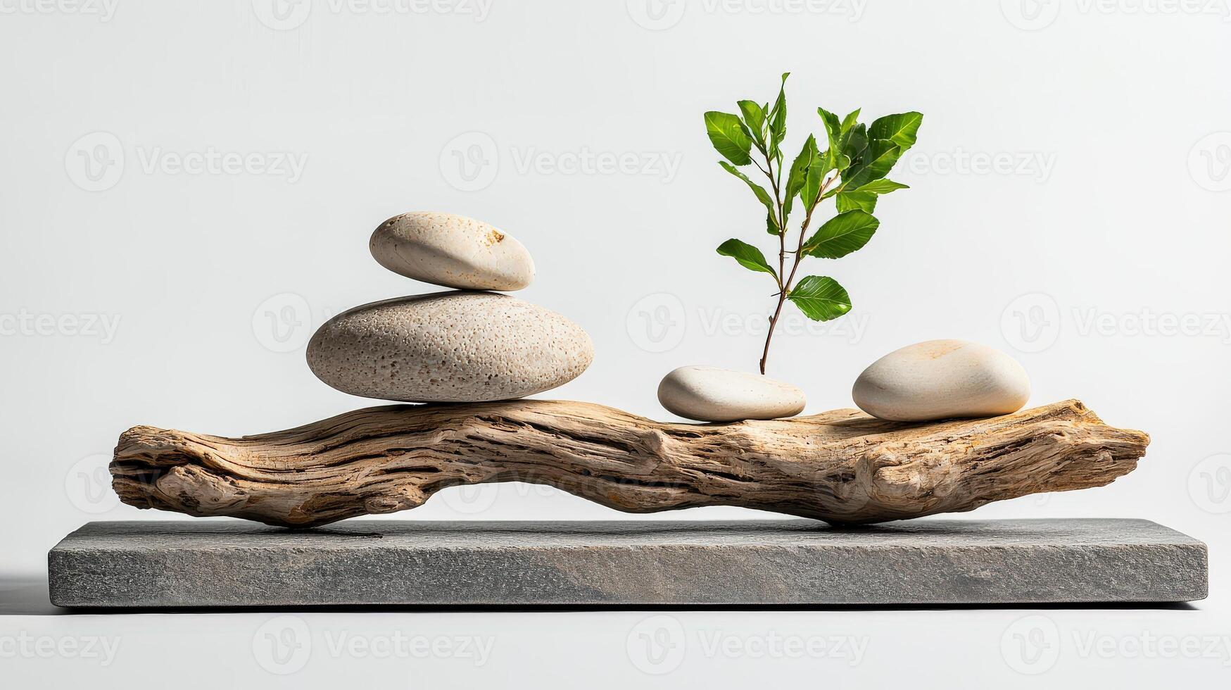 A small plant and some rocks sitting on a log photo