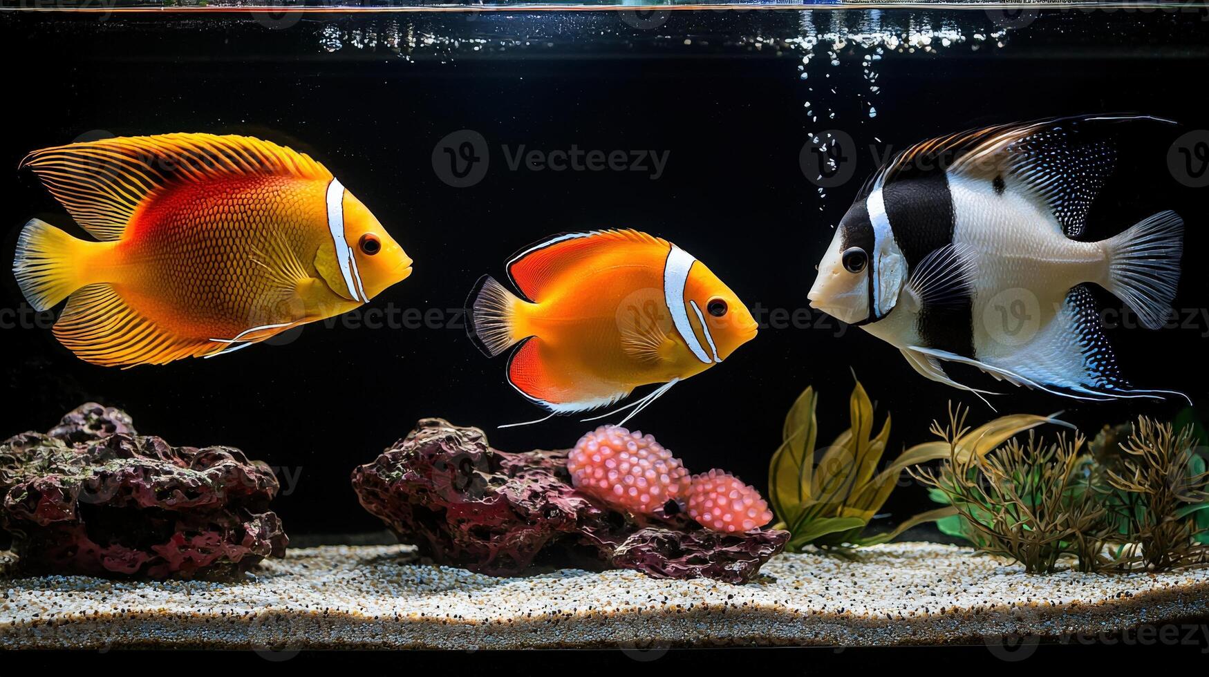 Three fish in an aquarium with a rock and gravel photo