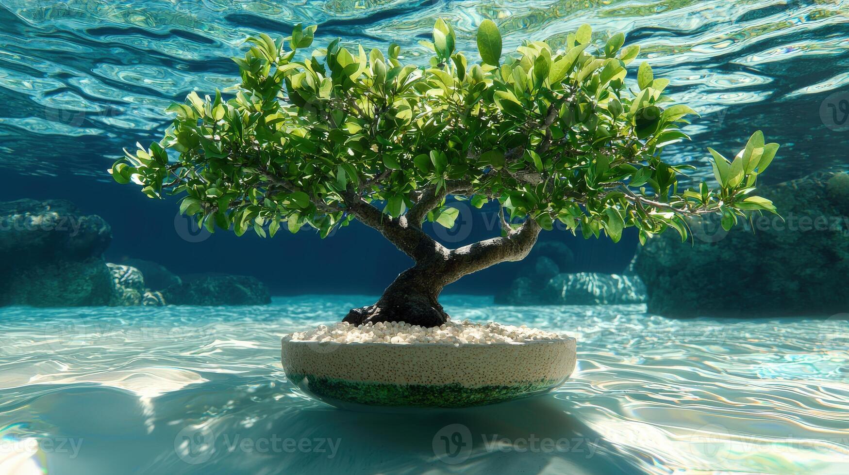 A bonsai tree in a pot under water photo