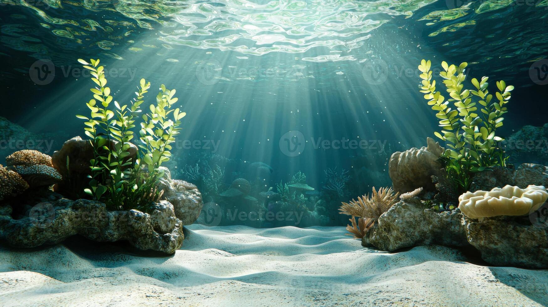 Underwater scene with coral reef and sunbeams photo