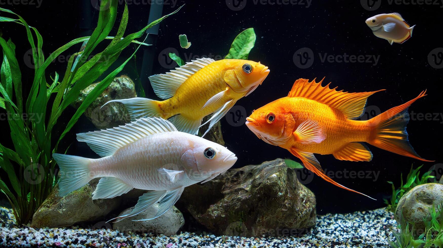 Three fish in an aquarium with plants and rocks photo