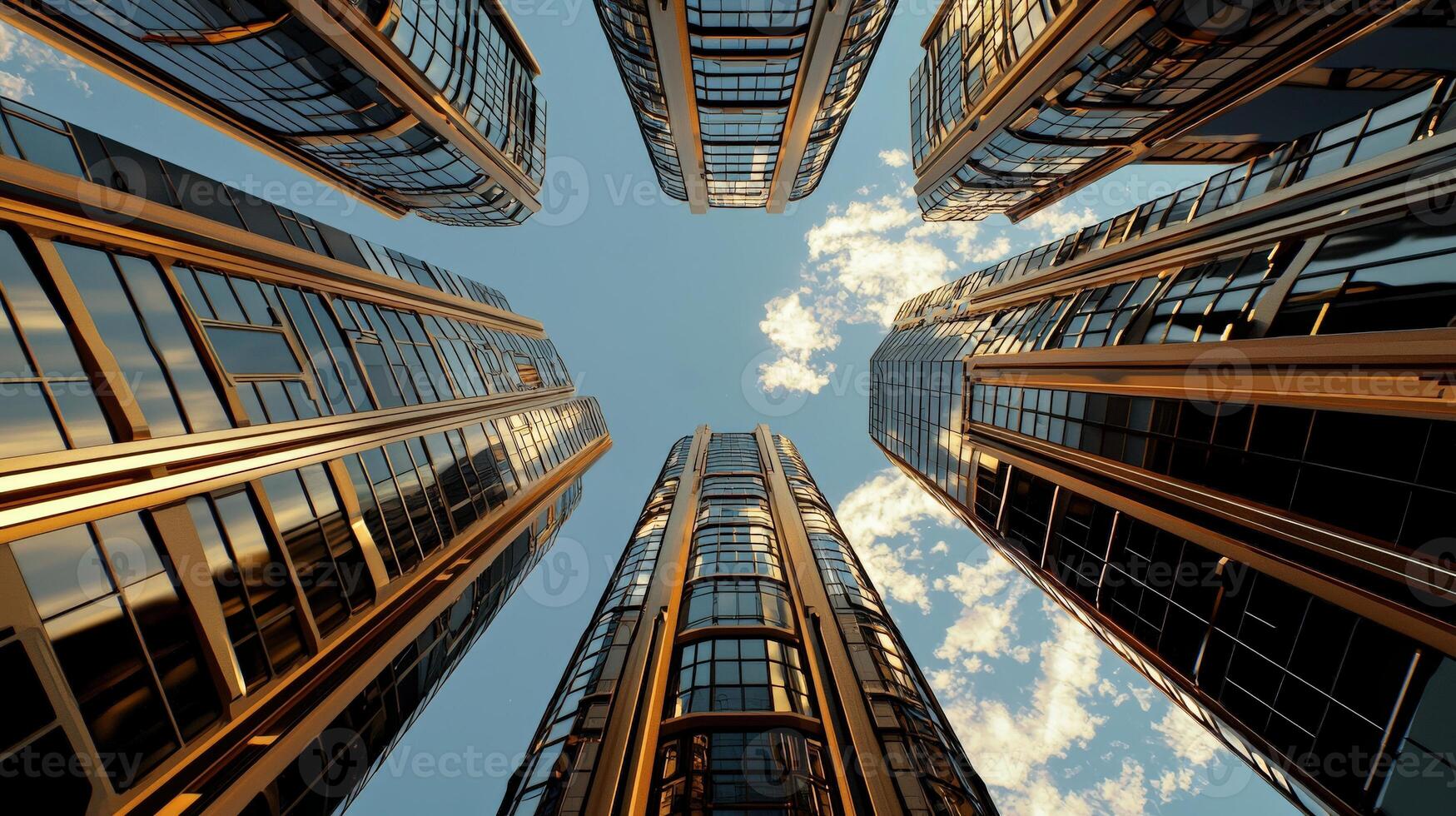 Tall buildings with windows and sky in the background photo