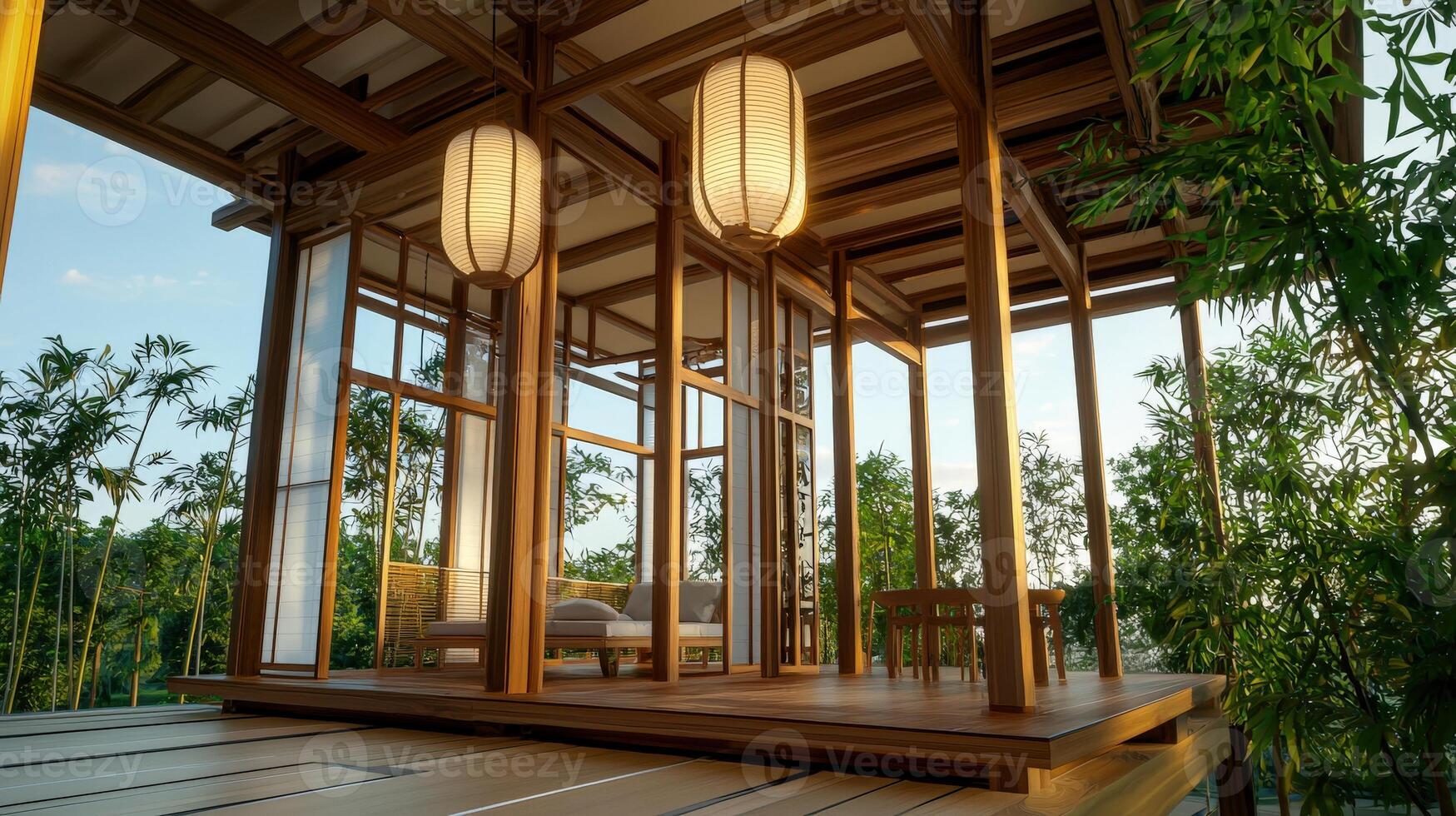 A wooden house with a large window and a wooden deck photo