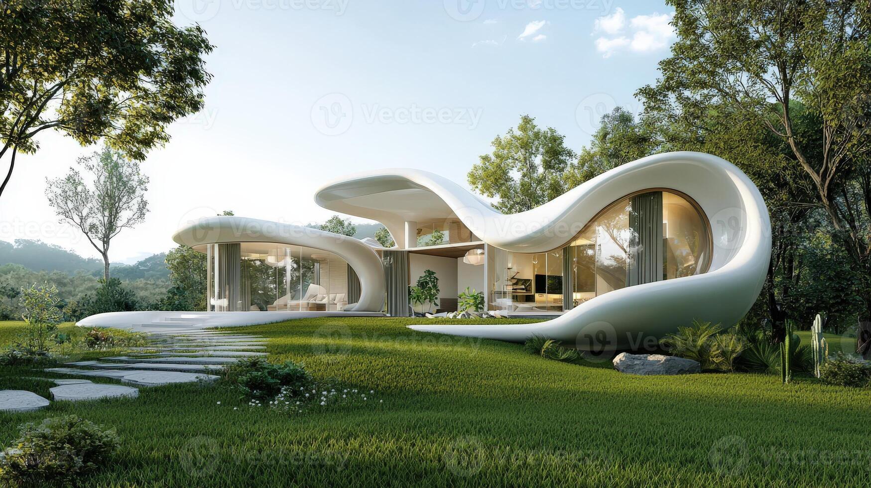 A house with a curved shape in the middle of a green field photo
