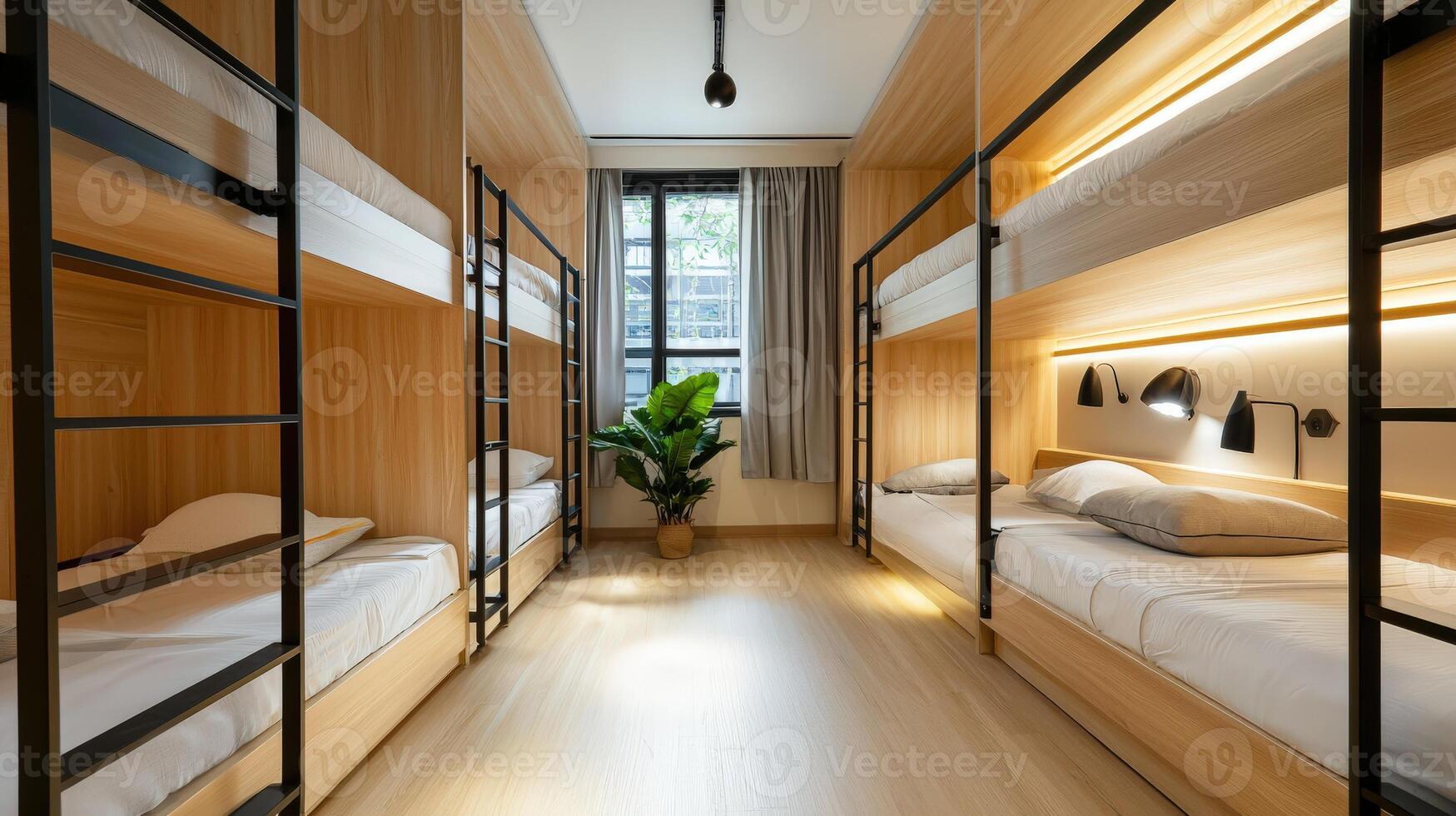 A bunk bed in a room with wooden walls photo