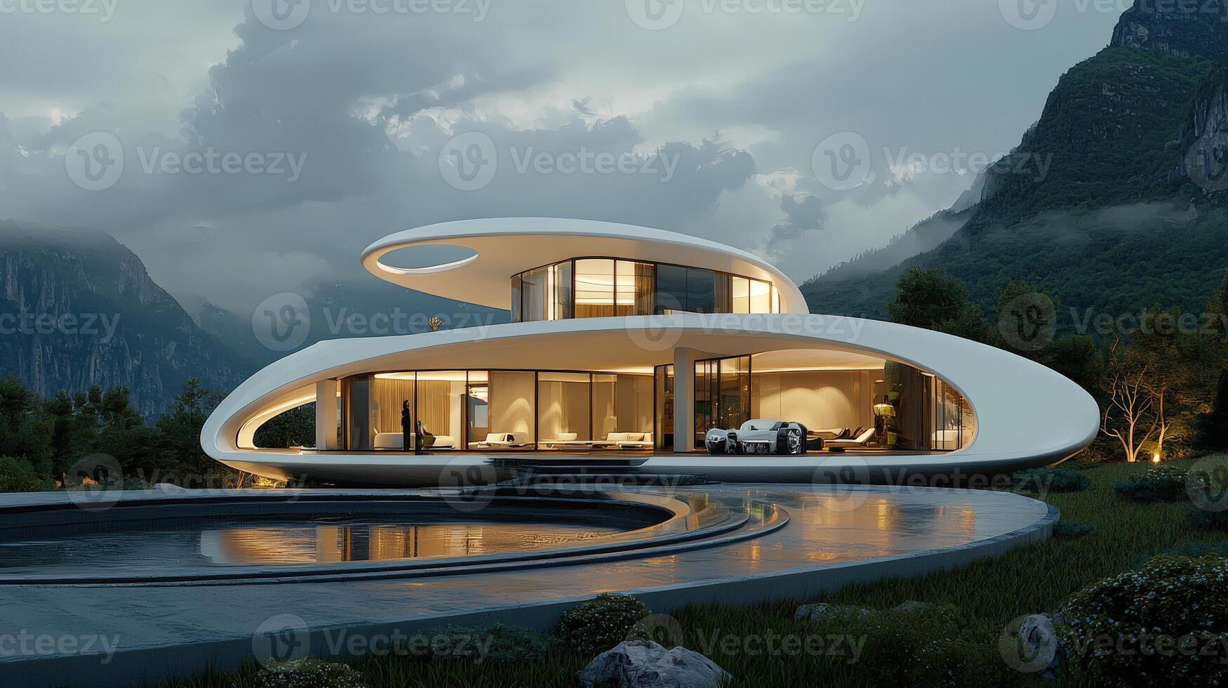 A futuristic house with a curved roof and a pool photo