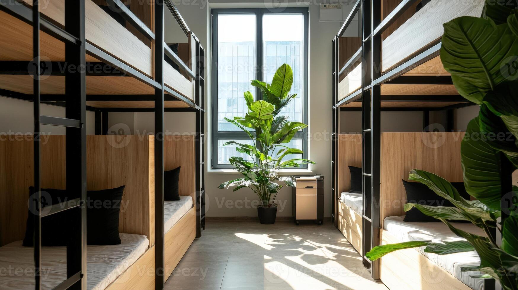 A bunk bed with plants and a window photo