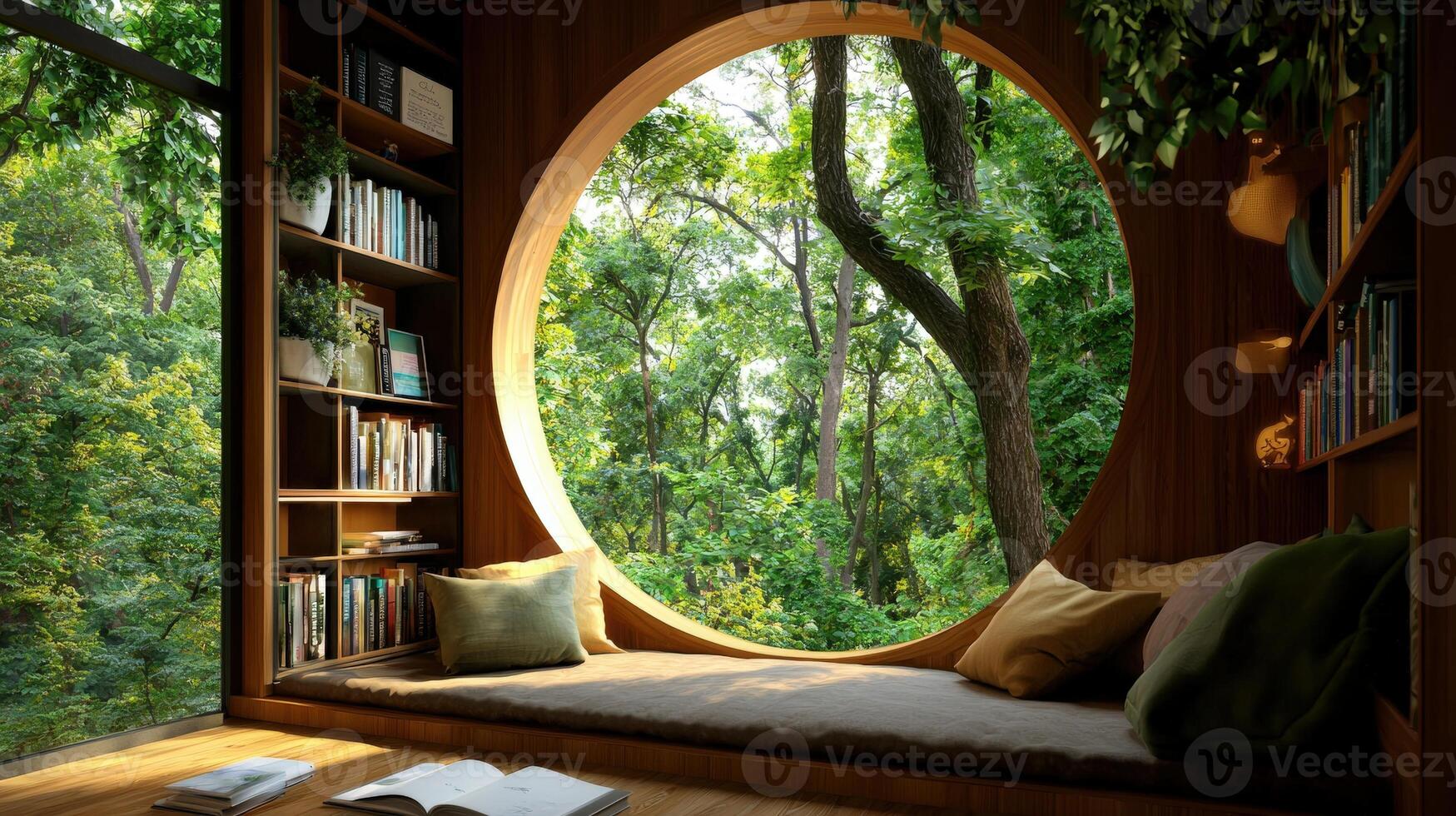A window seat with a book and a tree in the background photo