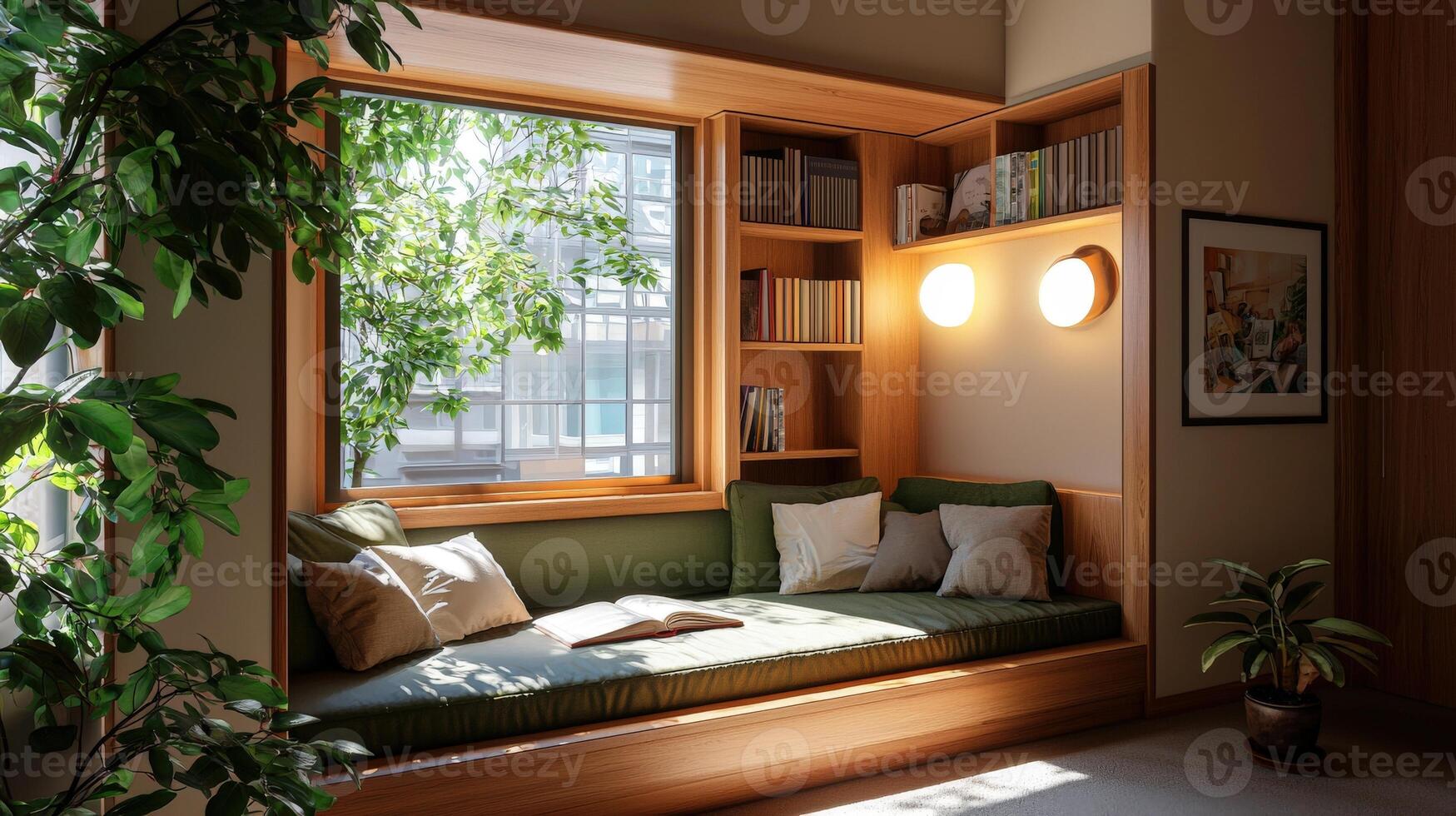 A window seat with a green cushion and books photo