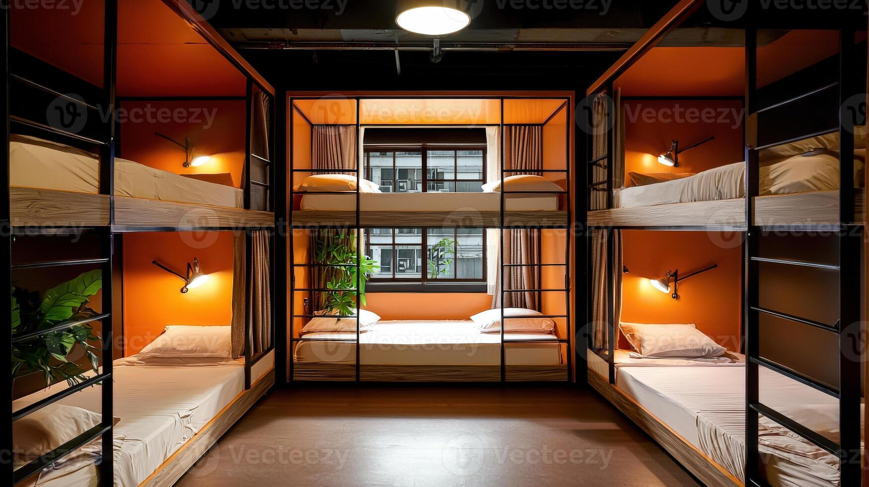 A bunk bed in an orange room with a window photo