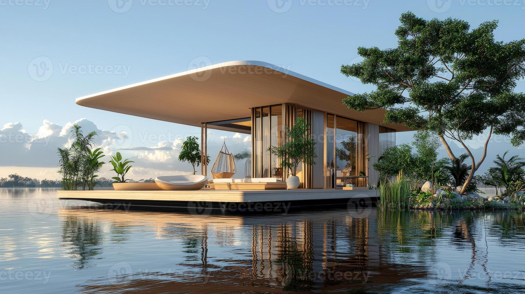 A floating house on the water with a tree photo
