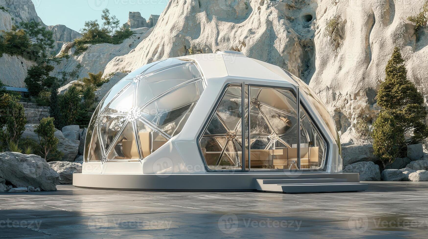 A futuristic dome tent on a rocky mountain photo