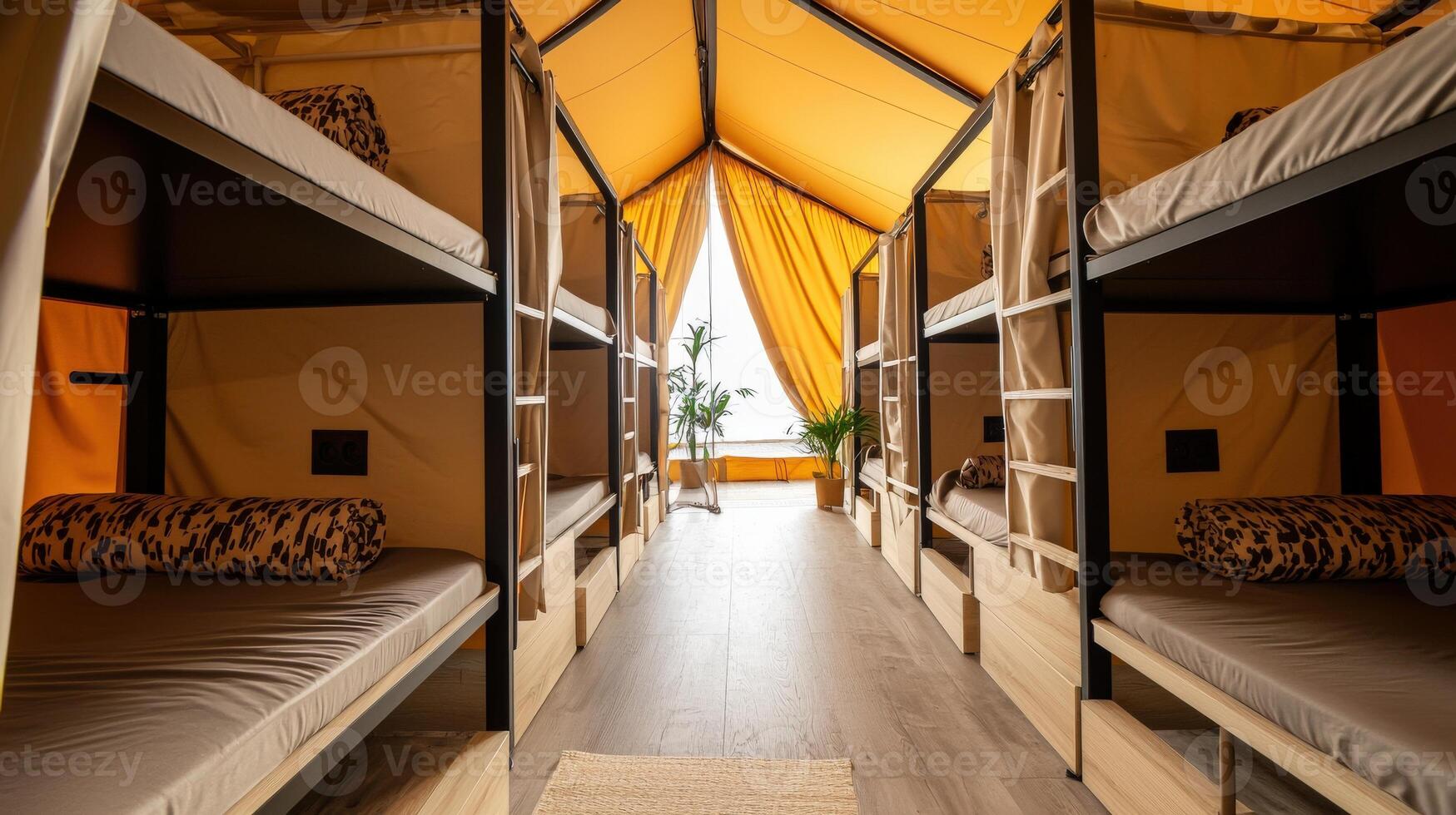 A tent with bunk beds and a bed in it photo