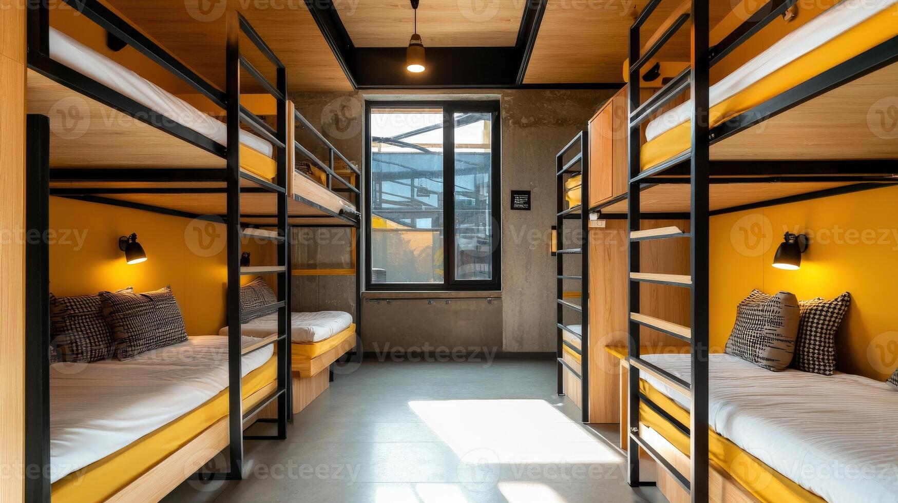 A bunk bed with yellow walls and black metal bars photo