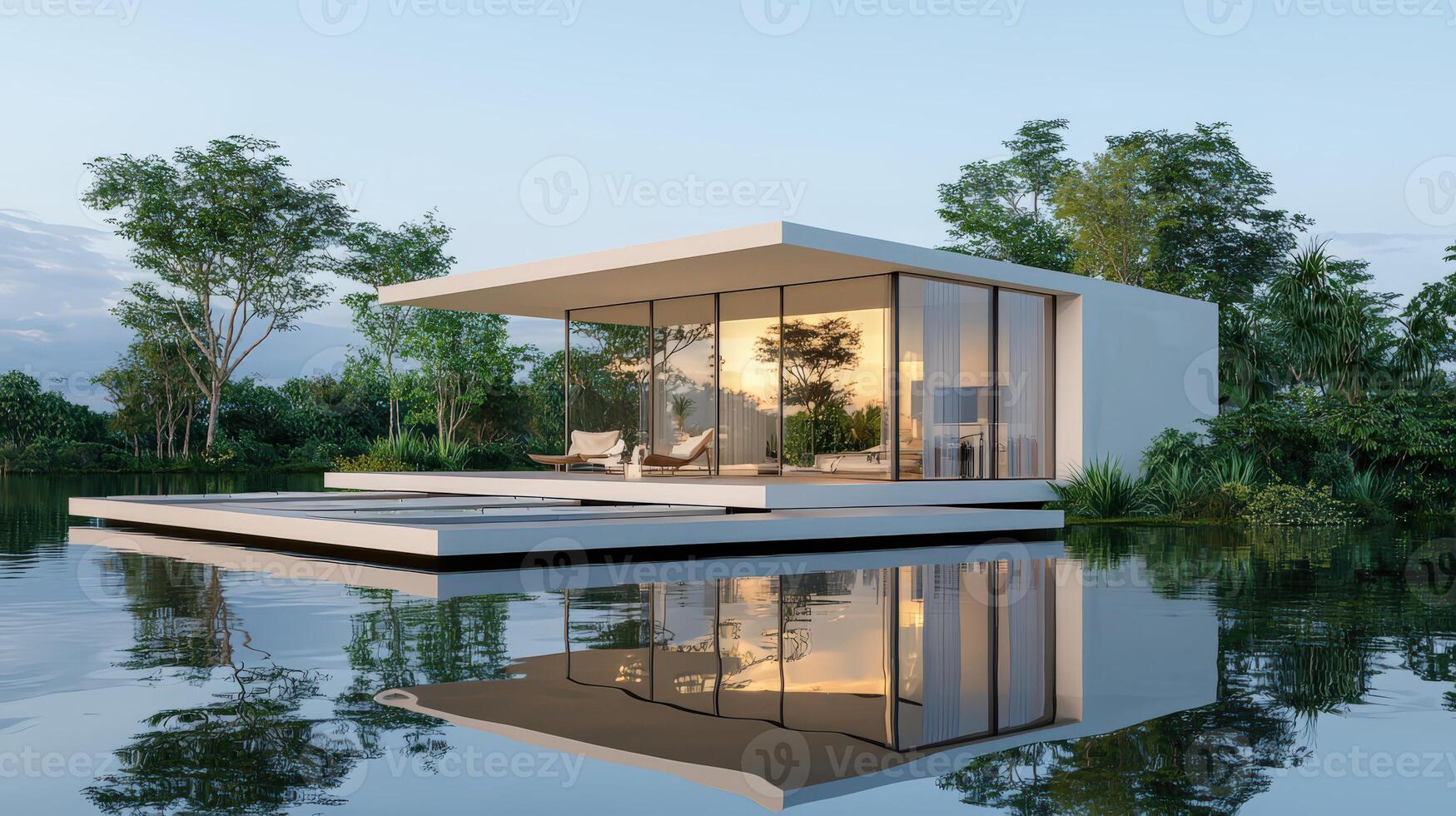 A floating house on the water with a view of the trees photo