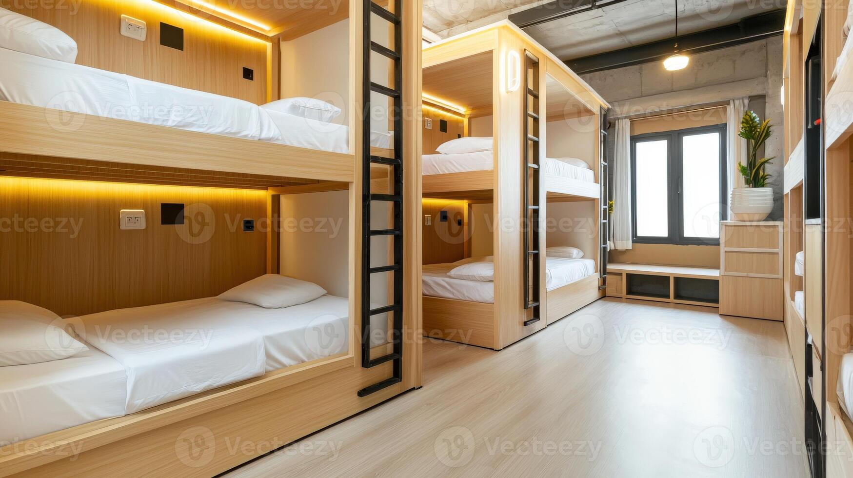 A bunk bed with white sheets and a wooden floor photo