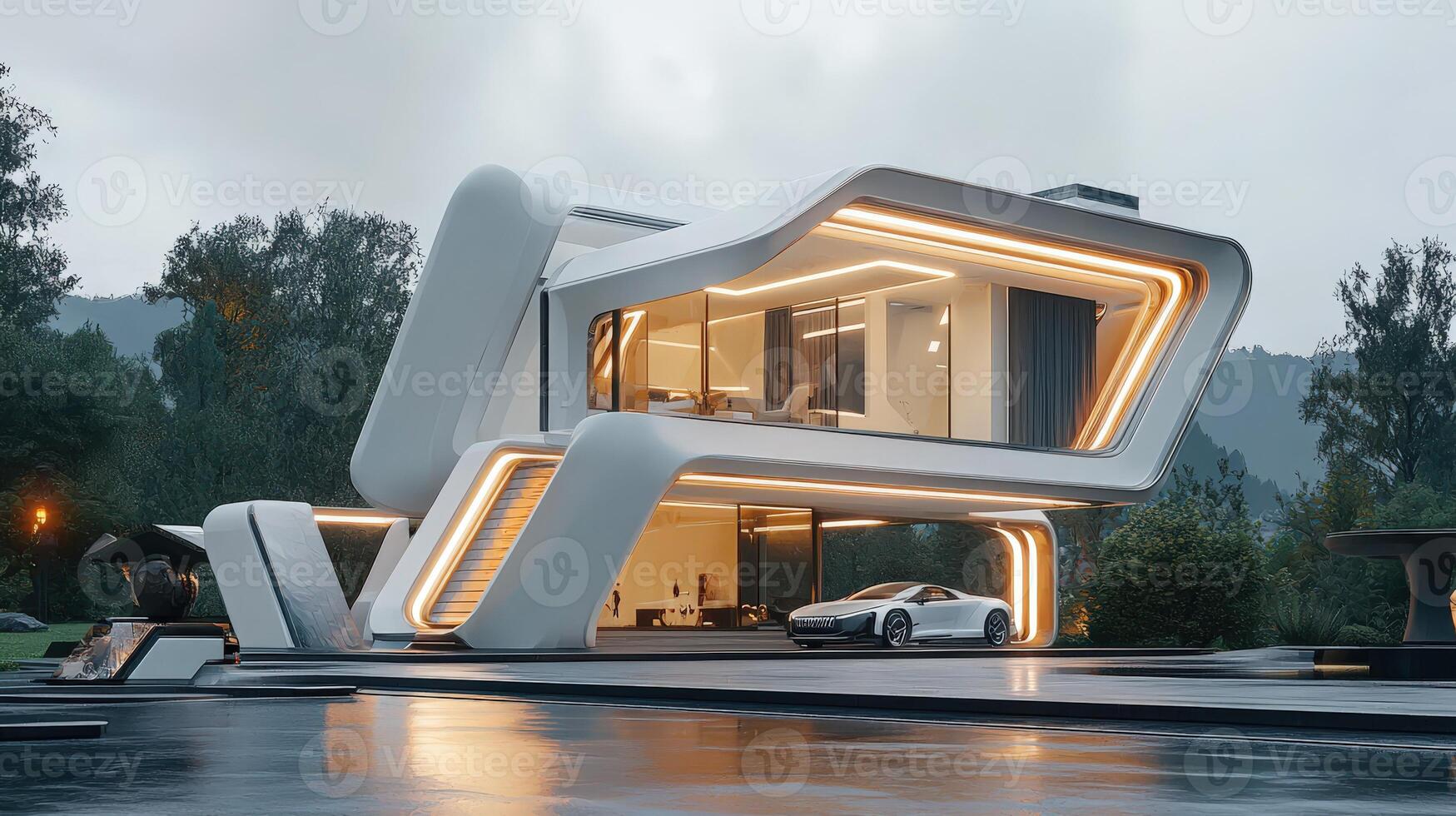 A futuristic house with a pool and a car photo