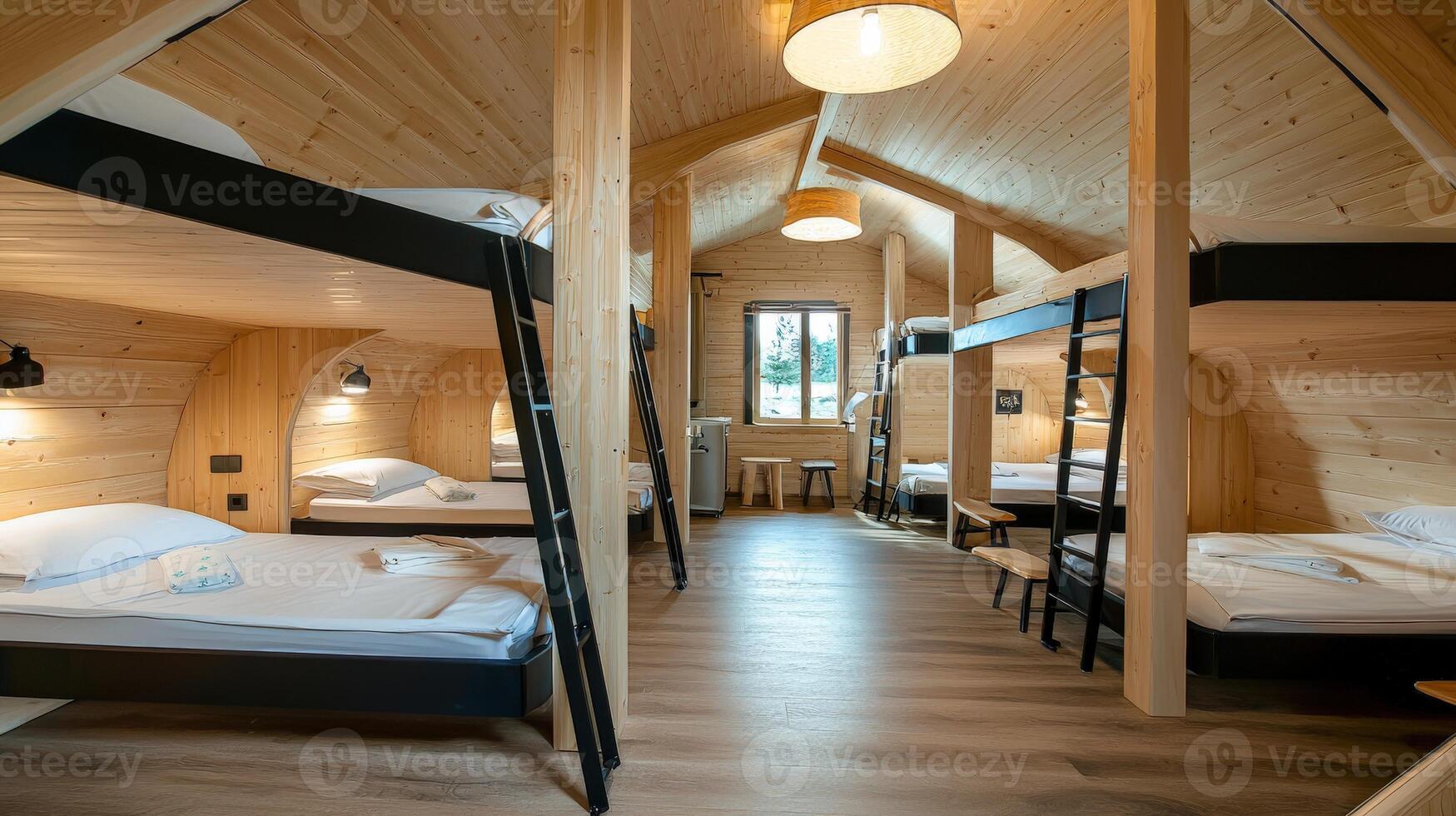 A bunk bed in a wooden cabin with a ladder photo