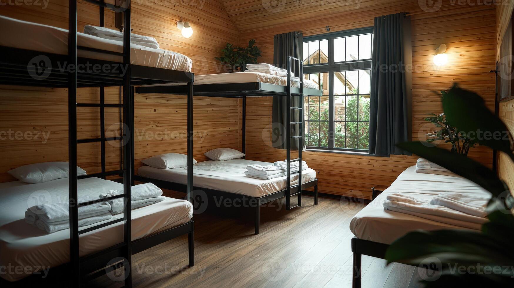 A bunk bed with white sheets and black ladder photo