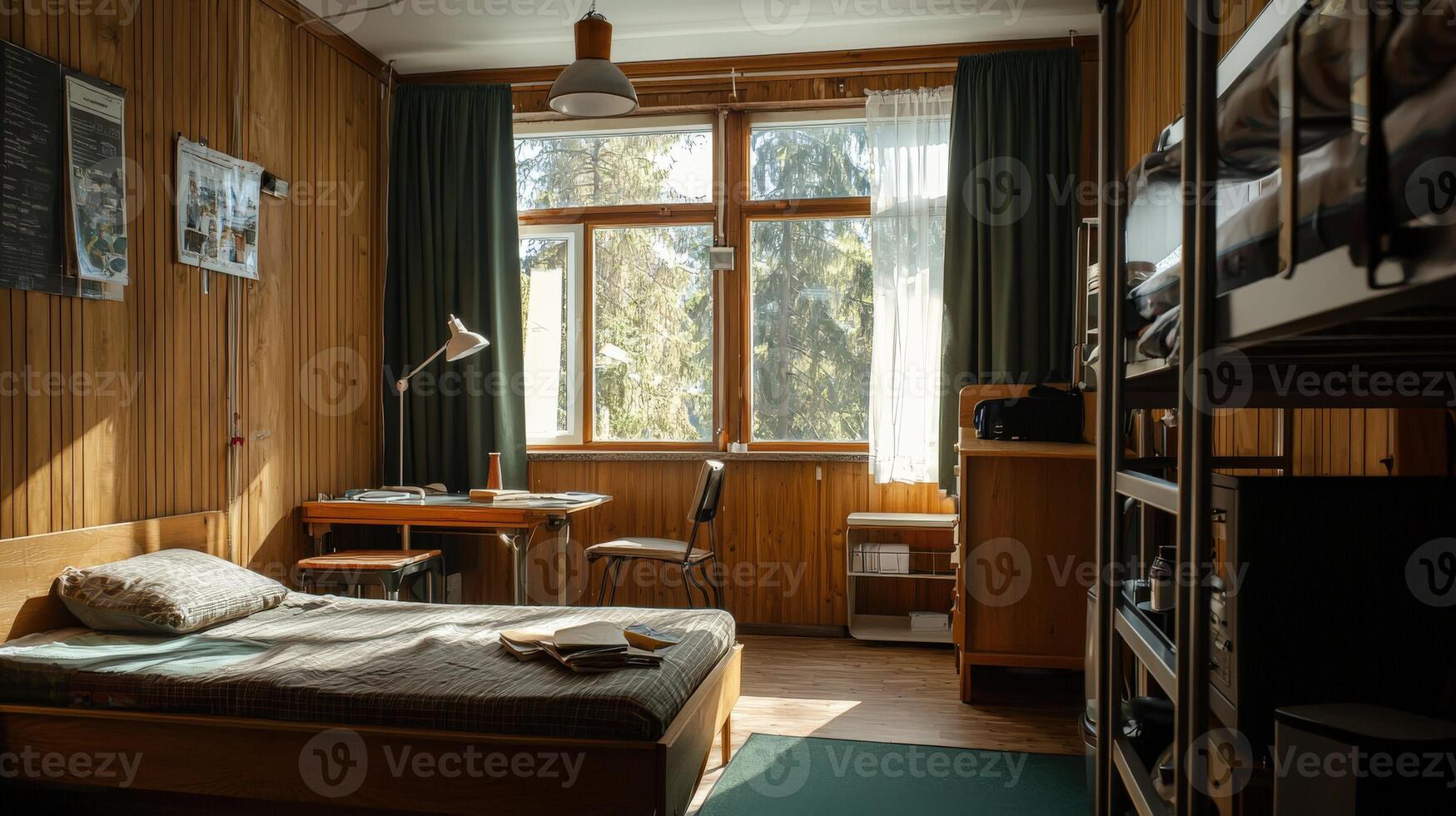 A bedroom with a bed, desk, and window photo