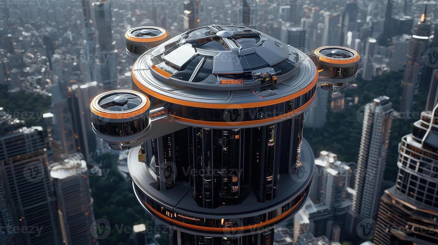 A futuristic city with a tall tower in the middle photo