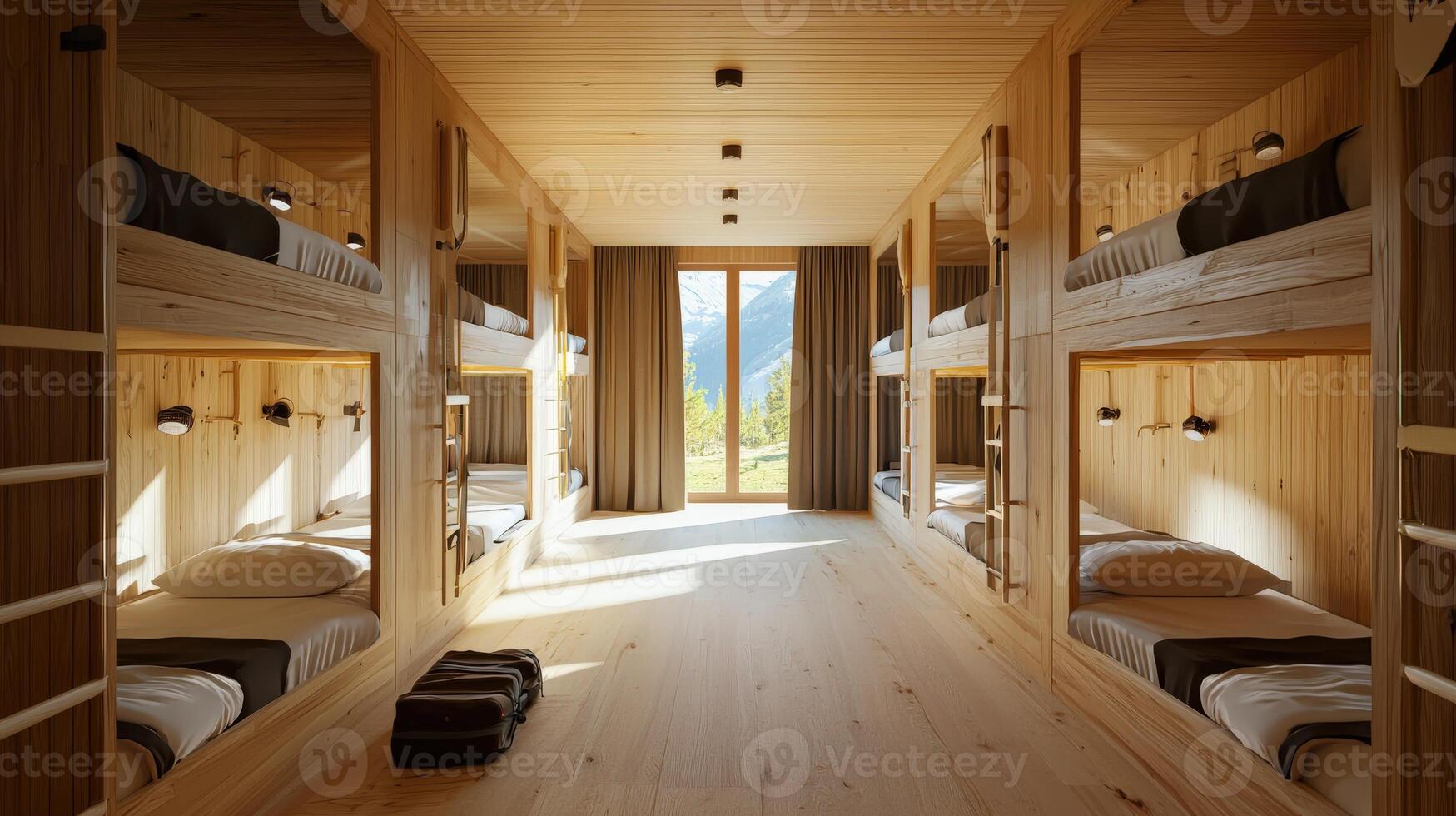 A long hallway with bunk beds in it photo