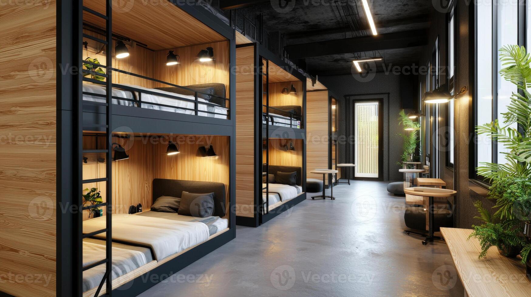 Bunk beds in a modern office with wood walls photo
