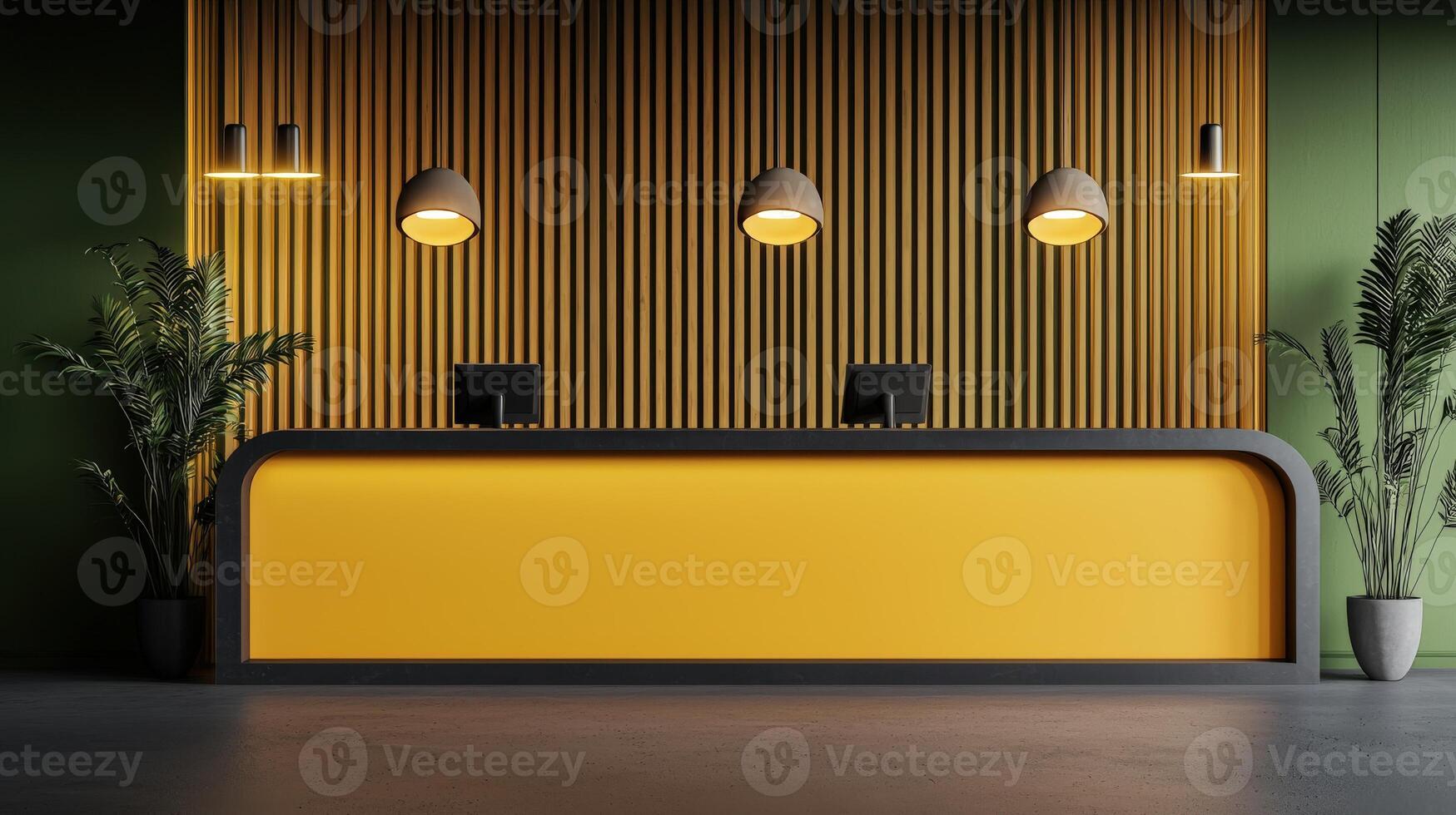 A reception desk with yellow and black accents photo