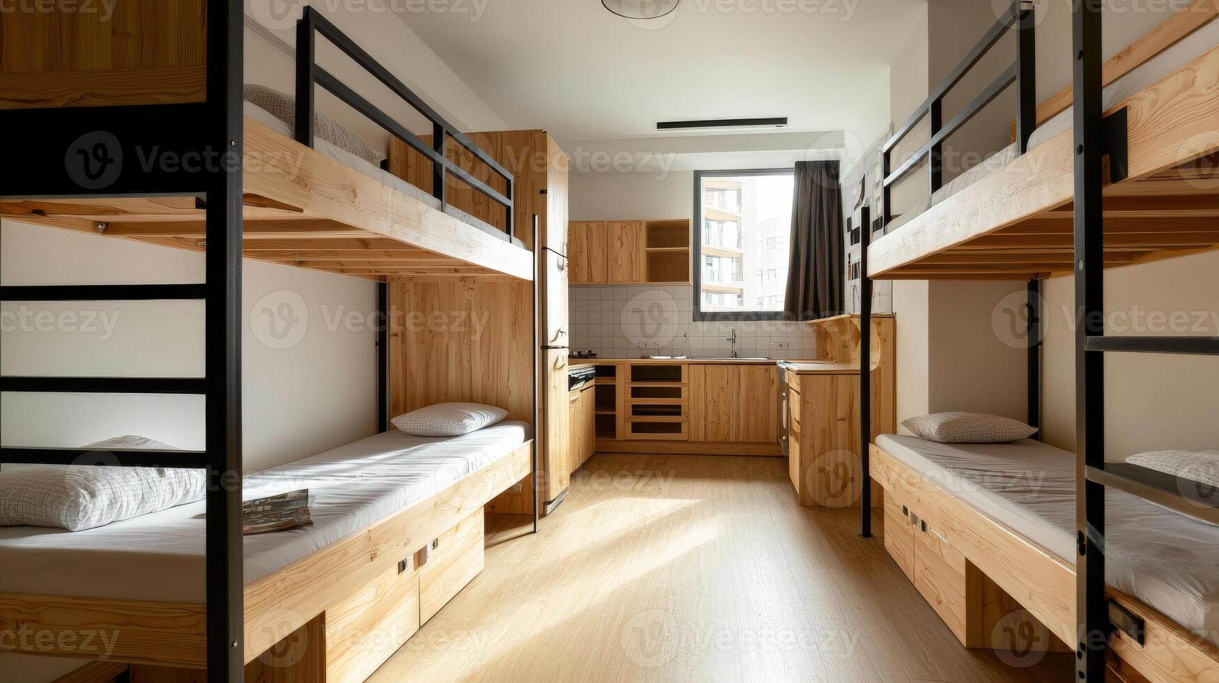 A bunk bed in a room with a kitchen photo