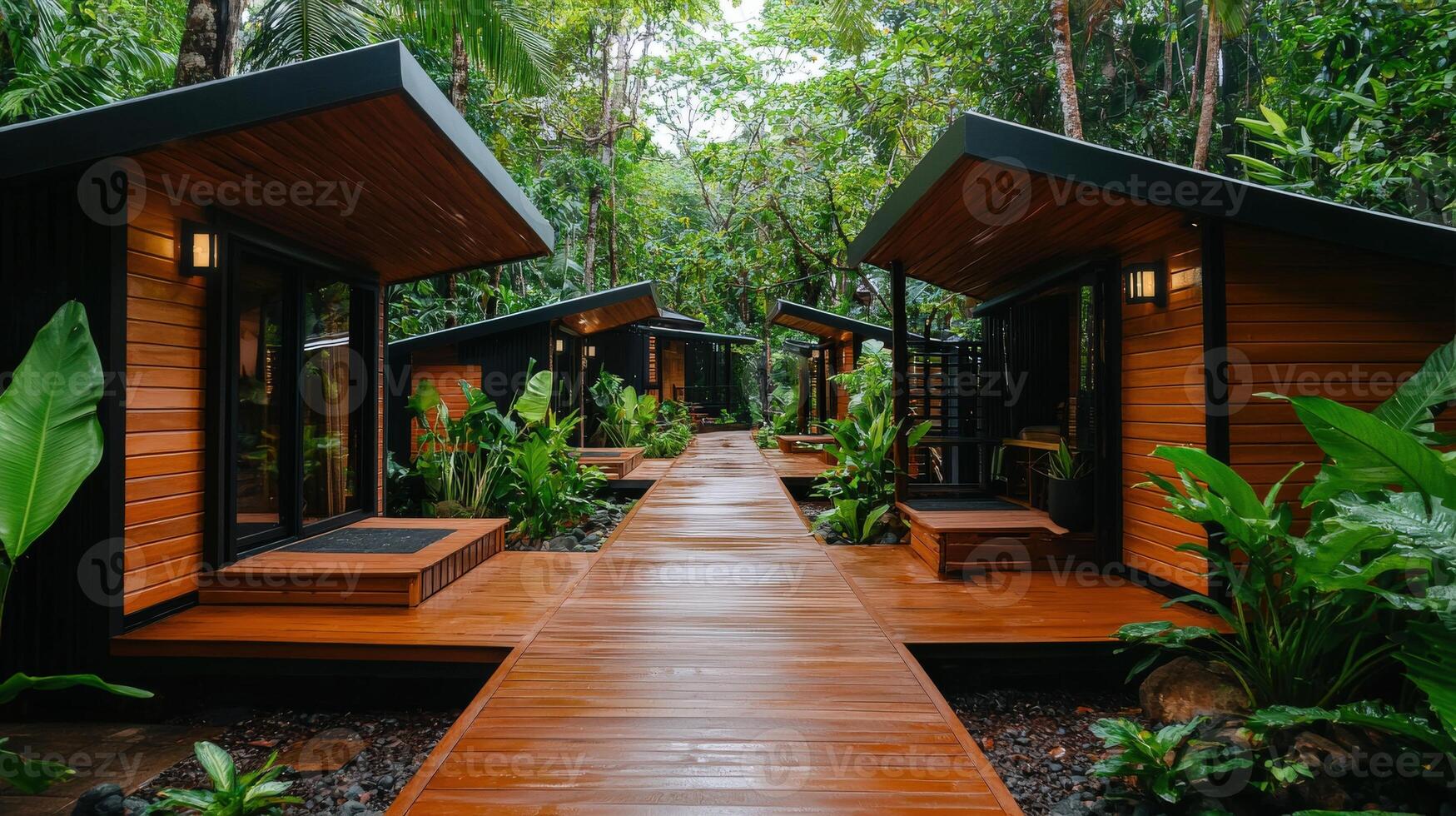 A walkway leads to two wooden cabins in the jungle photo
