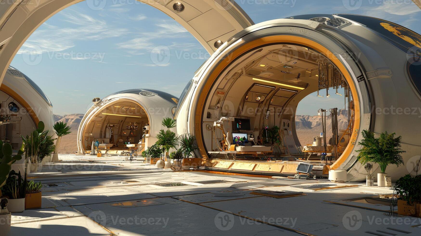 A futuristic space station with a large window photo